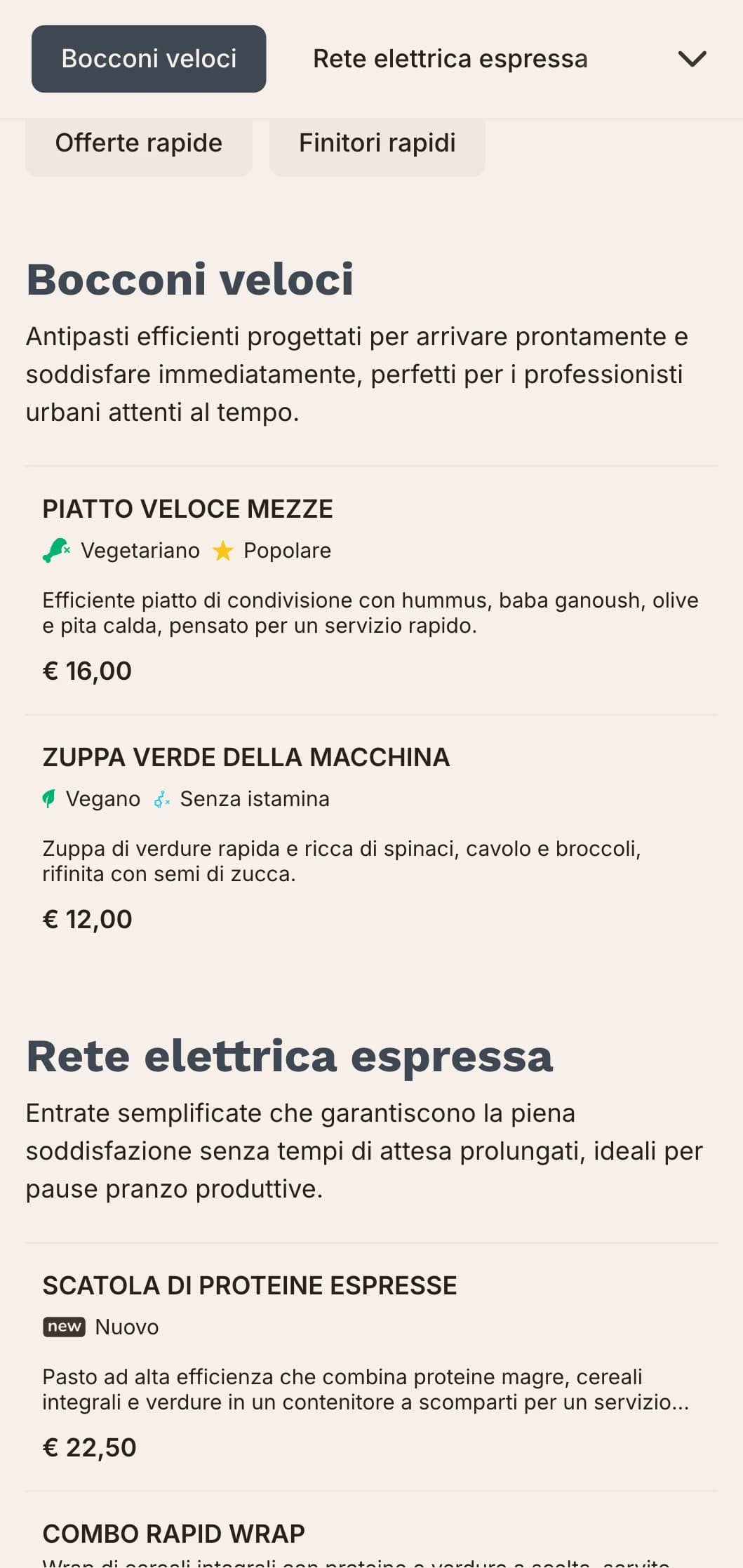 Un design efficiente e di ispirazione urbana per il menu del pranzo, con una tipografia decisa e un'organizzazione chiara, ideale per i ristoranti di città affollati che servono professionisti con un tempo limitato per il pranzo.
