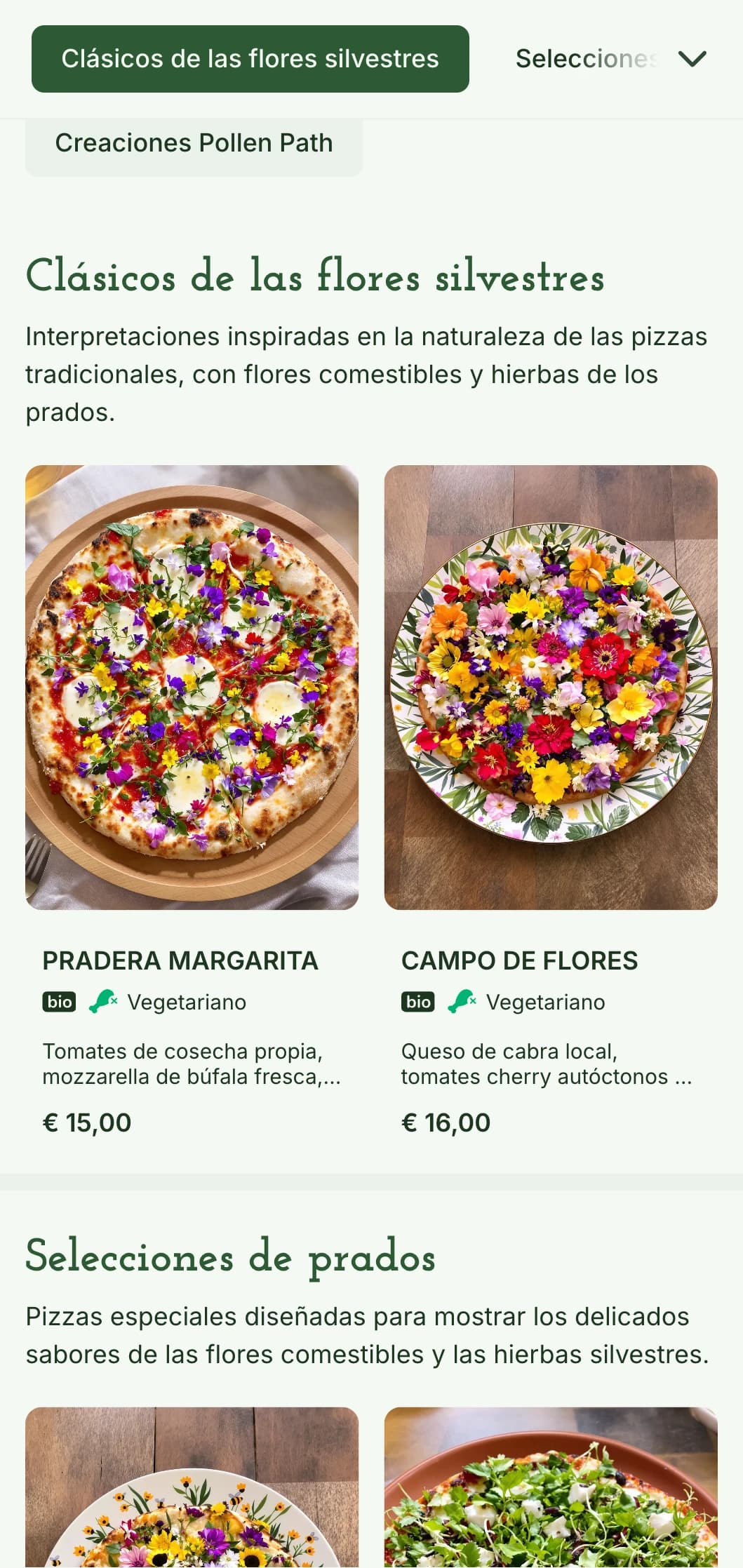 Menú de pizzas inspirado en las flores silvestres que hace hincapié en los ingredientes locales y forrajeros y en la presentación natural.