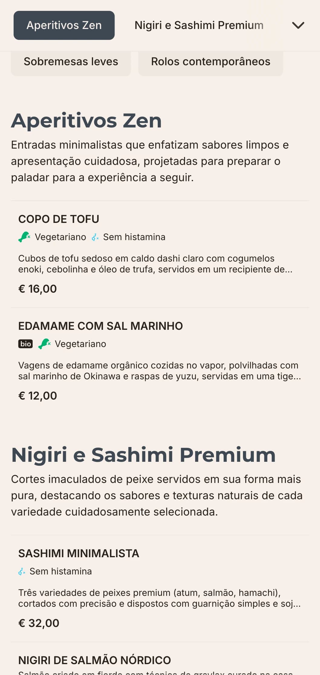 Design limpo e contemporâneo de cardápio de sushi com estética minimalista, perfeito para restaurantes japoneses de luxo que se concentram na simplicidade e na qualidade.