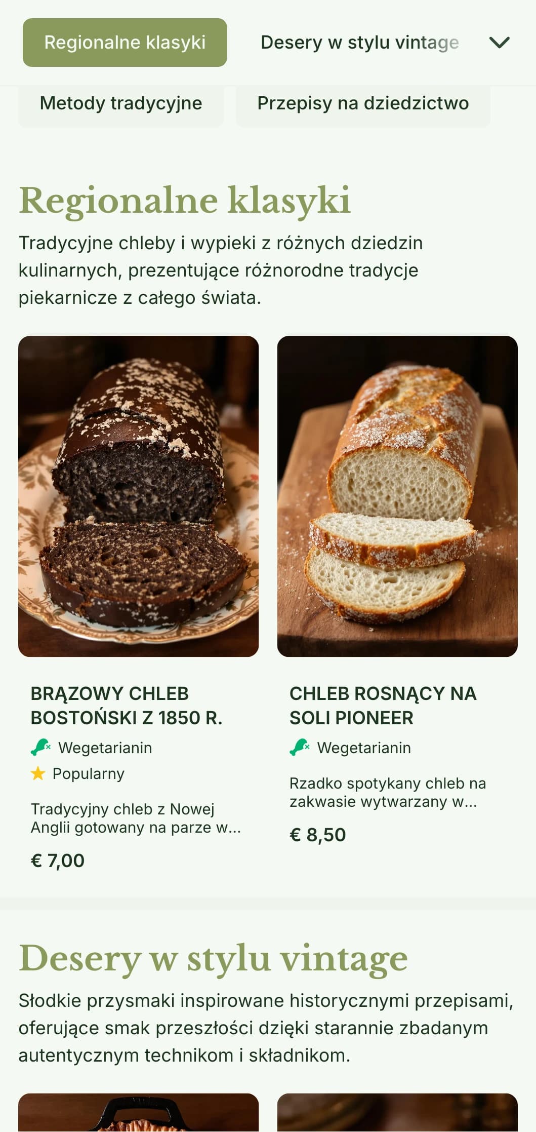 Tradycyjny, inspirowany pamiątkami projekt menu piekarni z oliwkowymi odcieniami zieleni i klasyczną typografią, idealny dla piekarni koncentrujących się na historycznych przepisach.