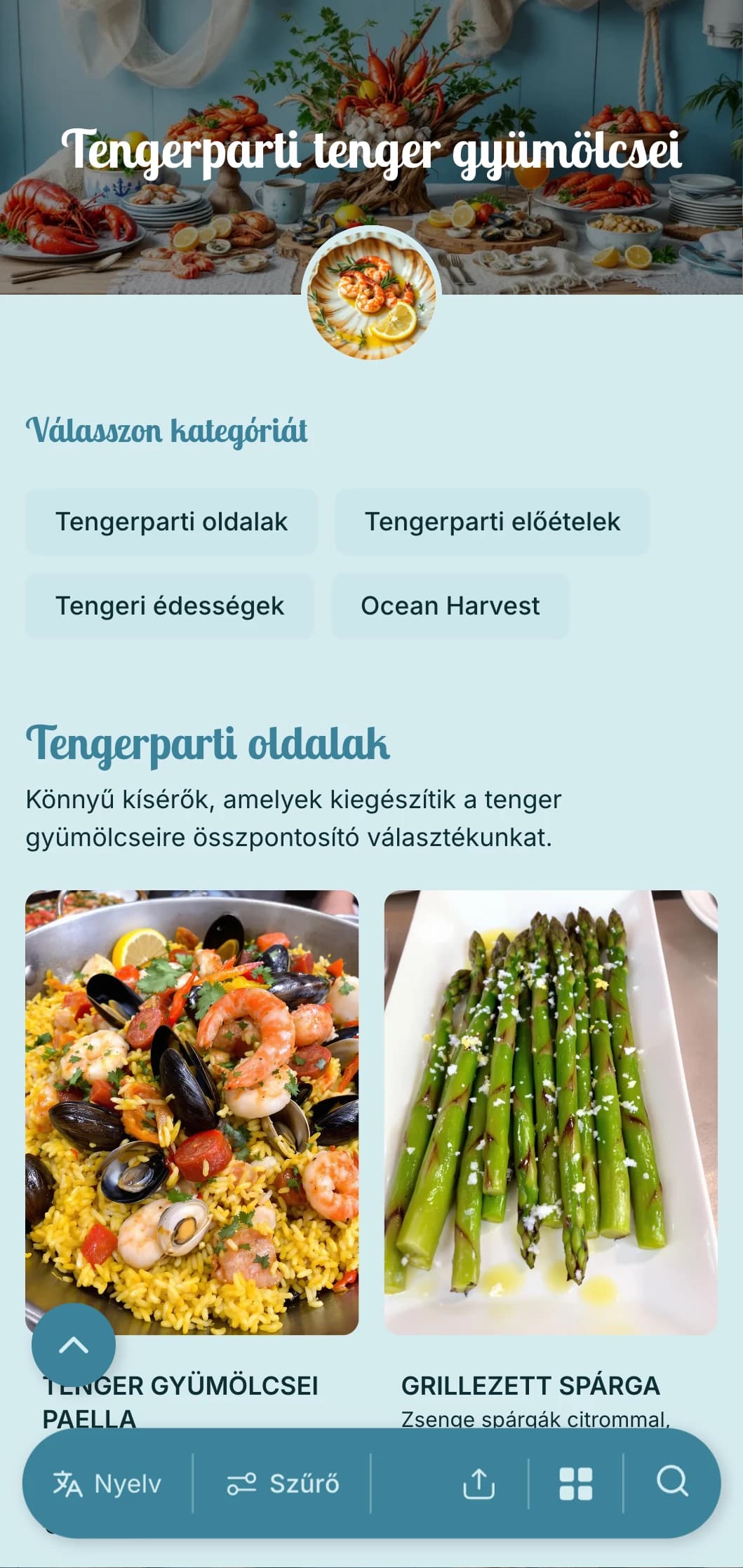 Friss, tenger gyümölcseire összpontosító catering, óceáni fogásokkal, tengeri elemekkel és tengerparti bemutatással a tengerparti rendezvények és a tenger gyümölcseinek szerelmesei számára.
