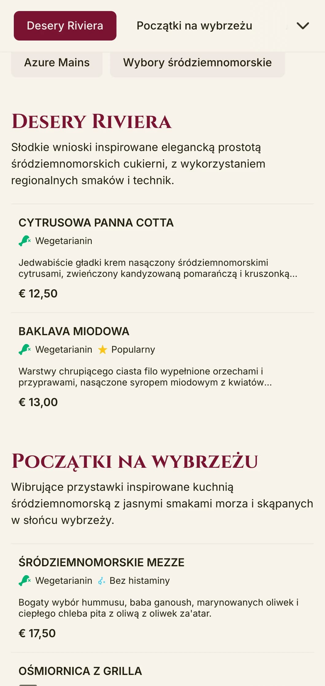 Efektowne, inspirowane kuchnią śródziemnomorską menu lunchowe z żywymi akcentami i eleganckim układem, idealne do ekskluzywnych nadmorskich restauracji i miejsc wypoczynkowych.