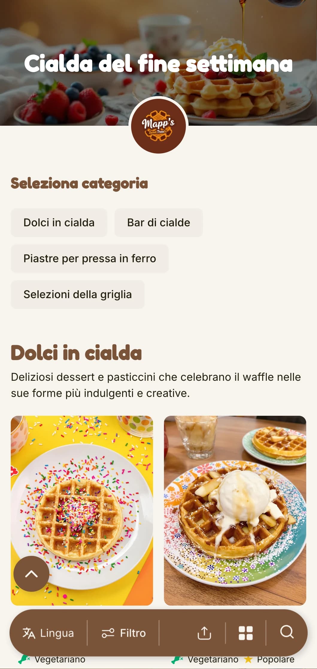 Modello di brunch caldo e giocoso, incentrato su waffle e offerte dolci per la colazione, ideale per le caffetterie per famiglie.