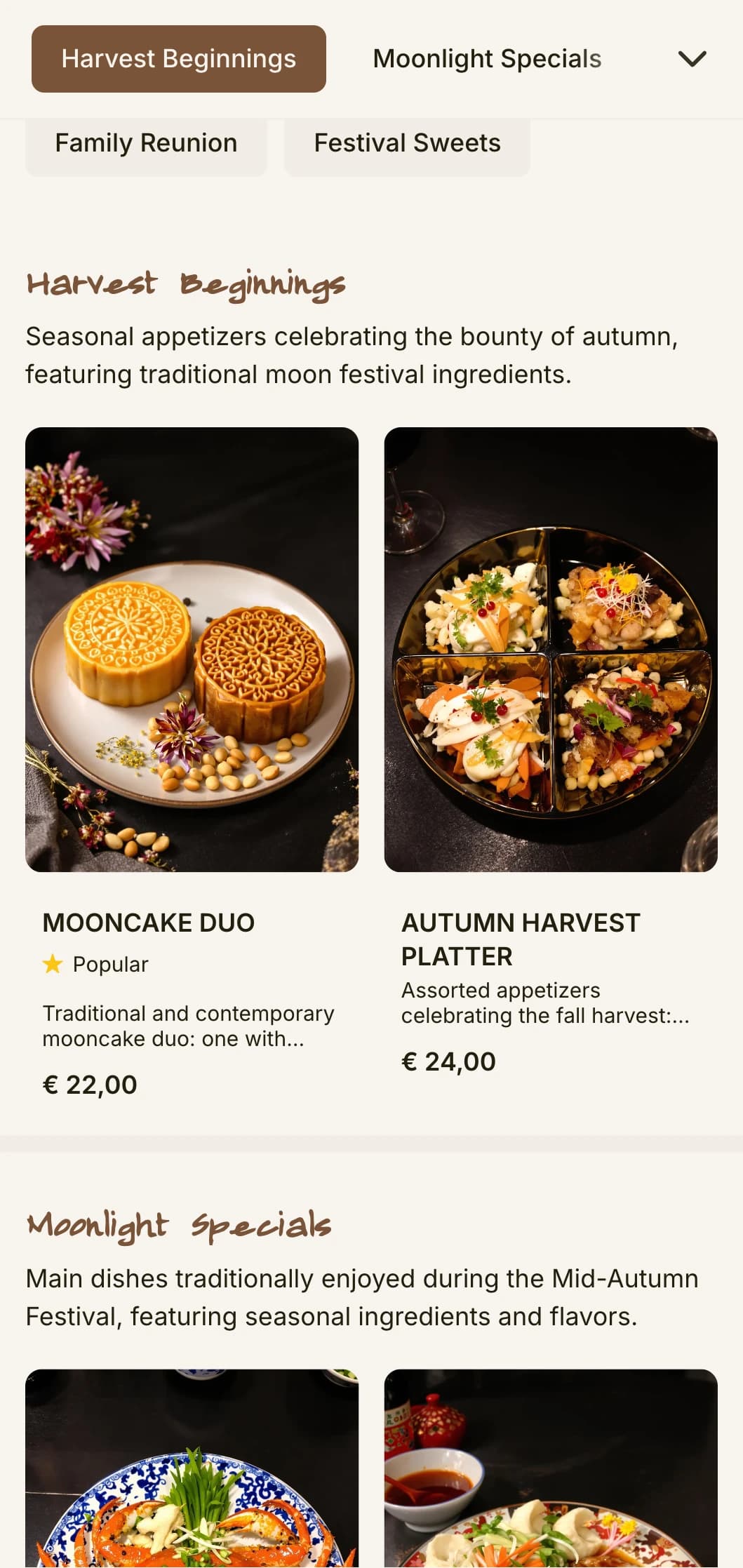 Elegant Chinese menu design inspired by the Mid-Autumn Festival, featuring mooncake motifs and traditional patterns for seasonal specialties.