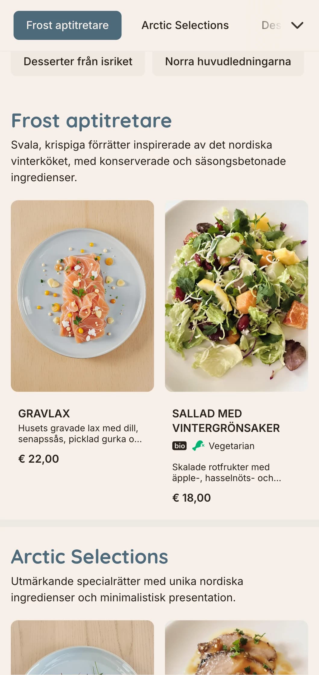En sval, krispig middagsmeny med skandinaviska vinterinfluenser, med isblå toner och rena linjer, perfekt för det nordiska köket.