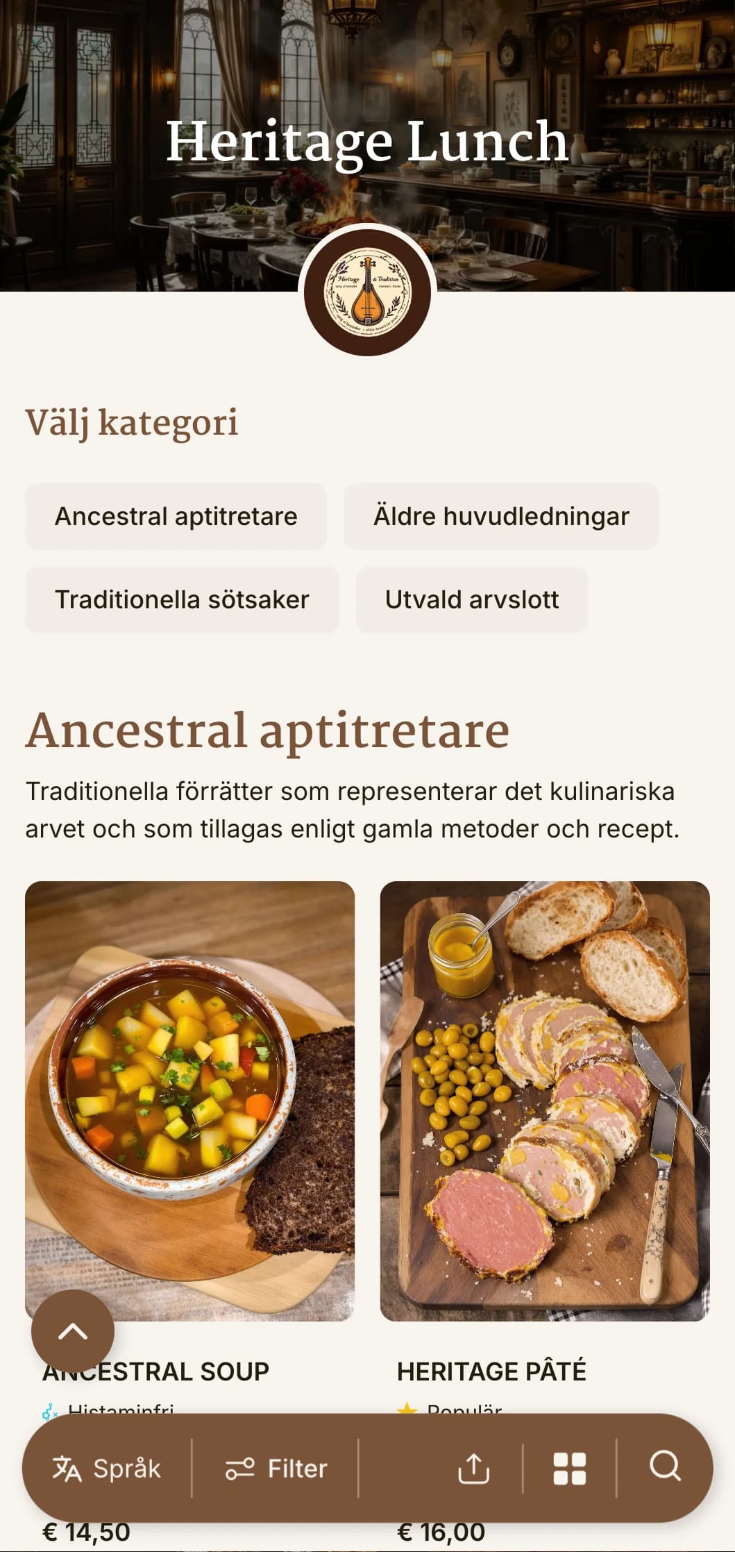 Traditionell, kulturarvsinspirerad lunchmenydesign med historiska element och tidlös typografi, perfekt för restauranger med landmärken och inrättningar med kulturell betydelse.