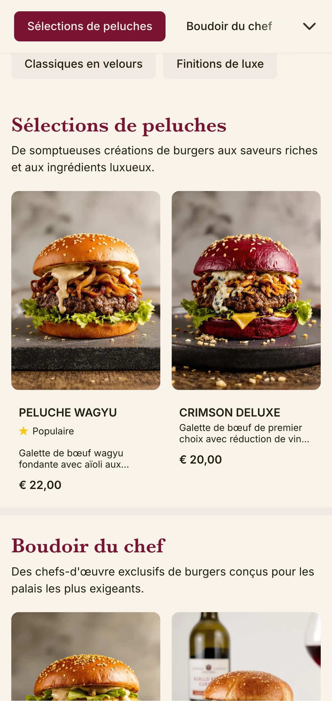 Salon du hamburger luxueux et cossu, avec des textures riches et une présentation opulente.