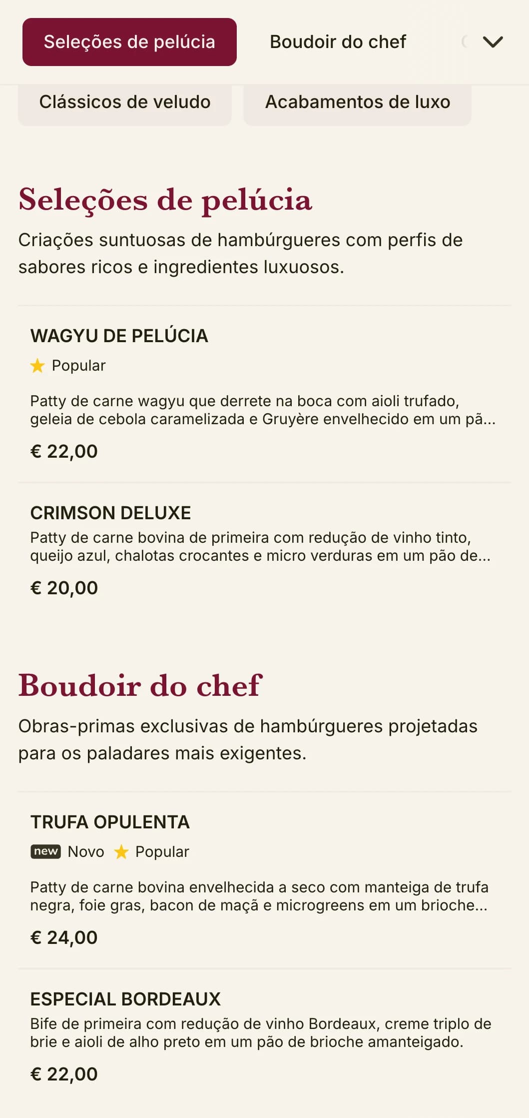 Lounge de hambúrgueres de luxo com texturas ricas e apresentação opulenta.