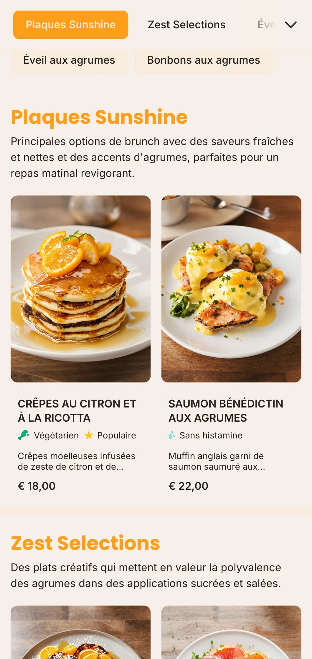 Modèle de brunch vif et énergique aux accents d'orange piquante, parfait pour les bars à jus de fruits et les cafés axés sur la santé.
