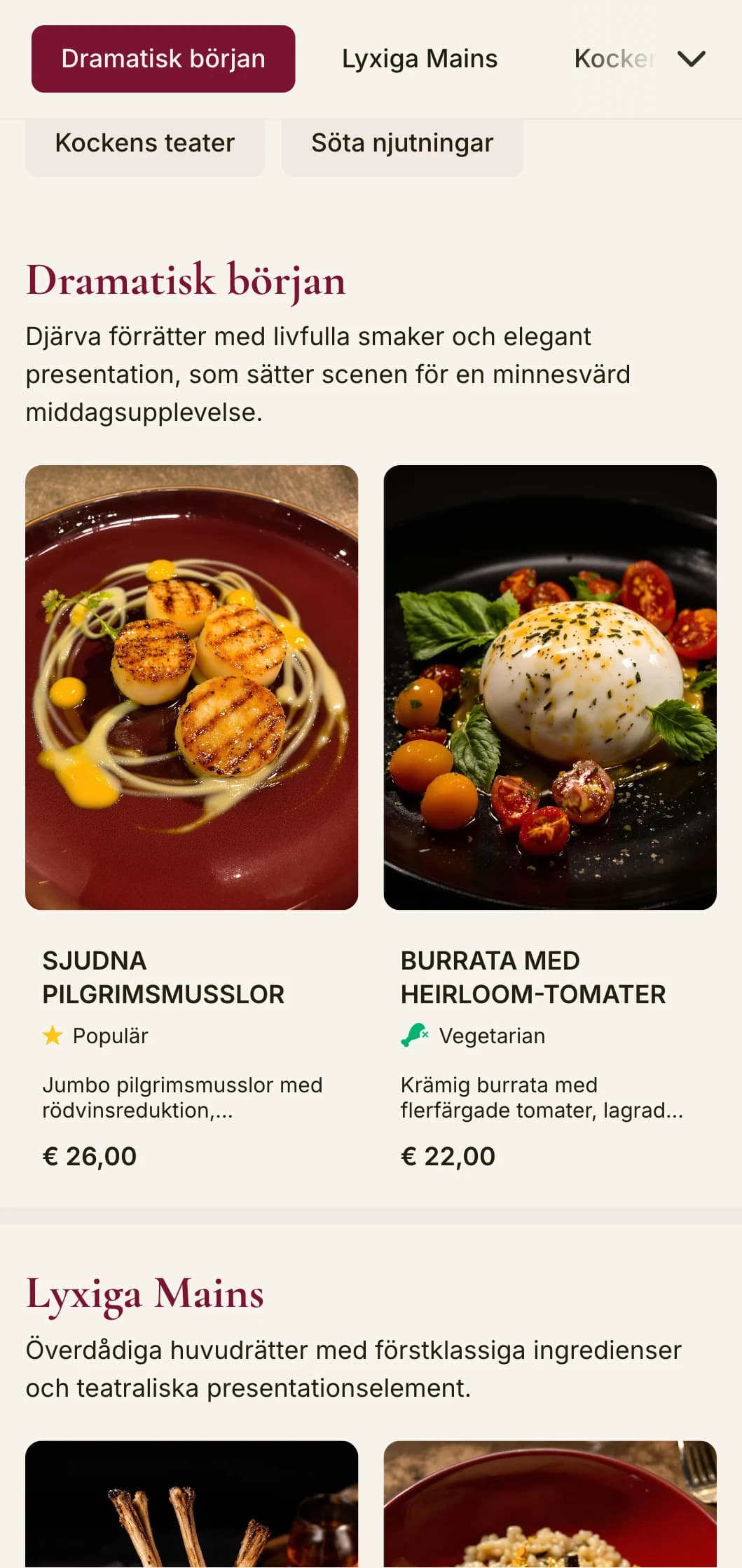 En djärv och dramatisk middagsmeny med djupa röda toner och lyxiga inslag, utformad för exklusiva matställen med en teatralisk känsla.