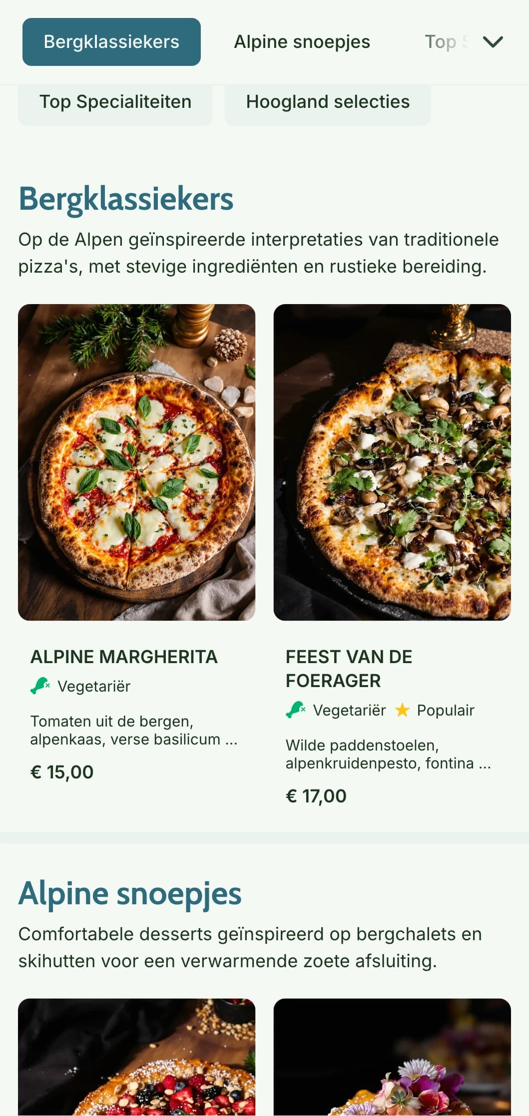 Op de bergen geïnspireerd pizzamenu met natuurlijke elementen en rustieke alpine esthetiek.