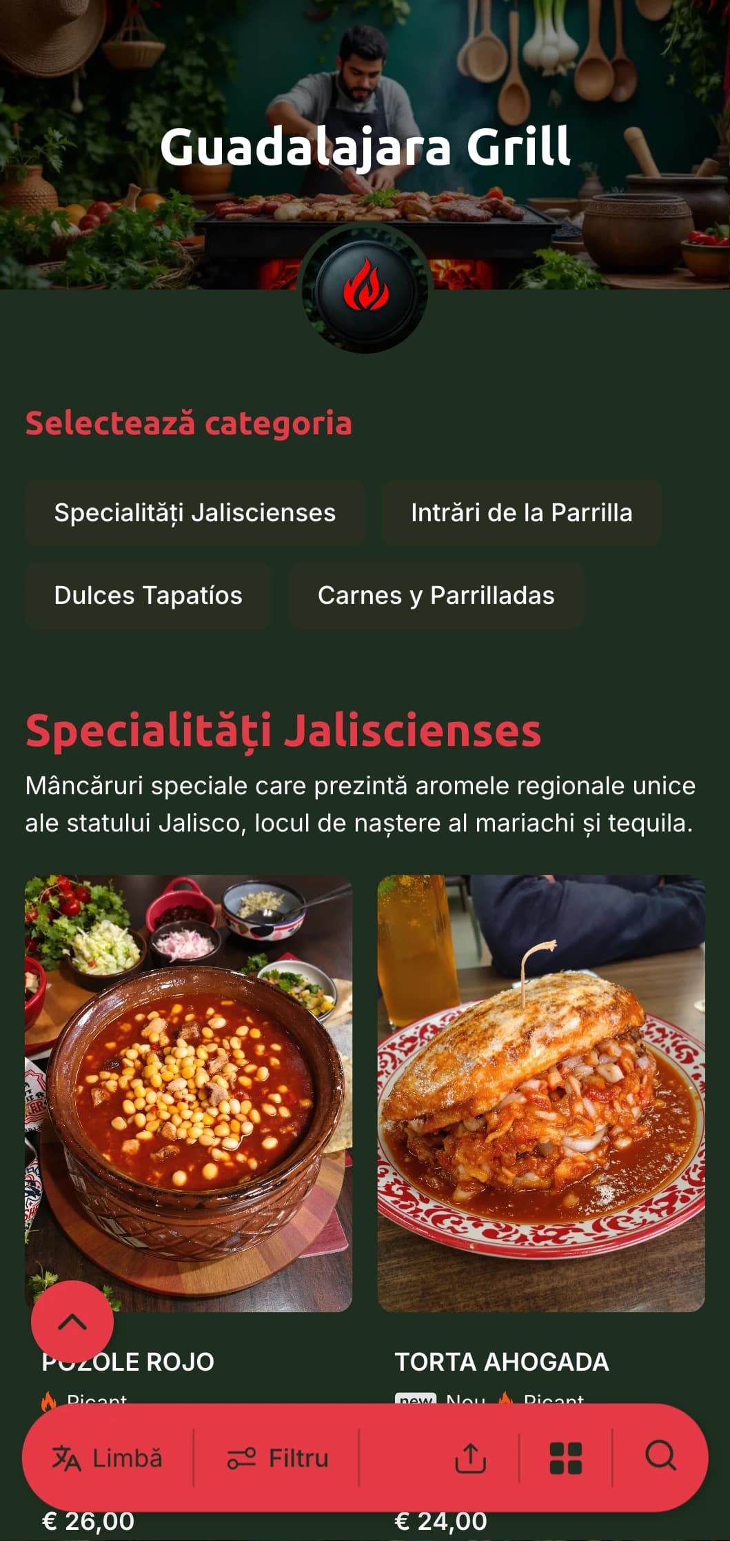 Meniu îndrăzneț și savuros care celebrează bucătăria din Guadalajara, cu accente roșii bogate, preparate tradiționale la grătar pe cărbuni și specialități regionale.