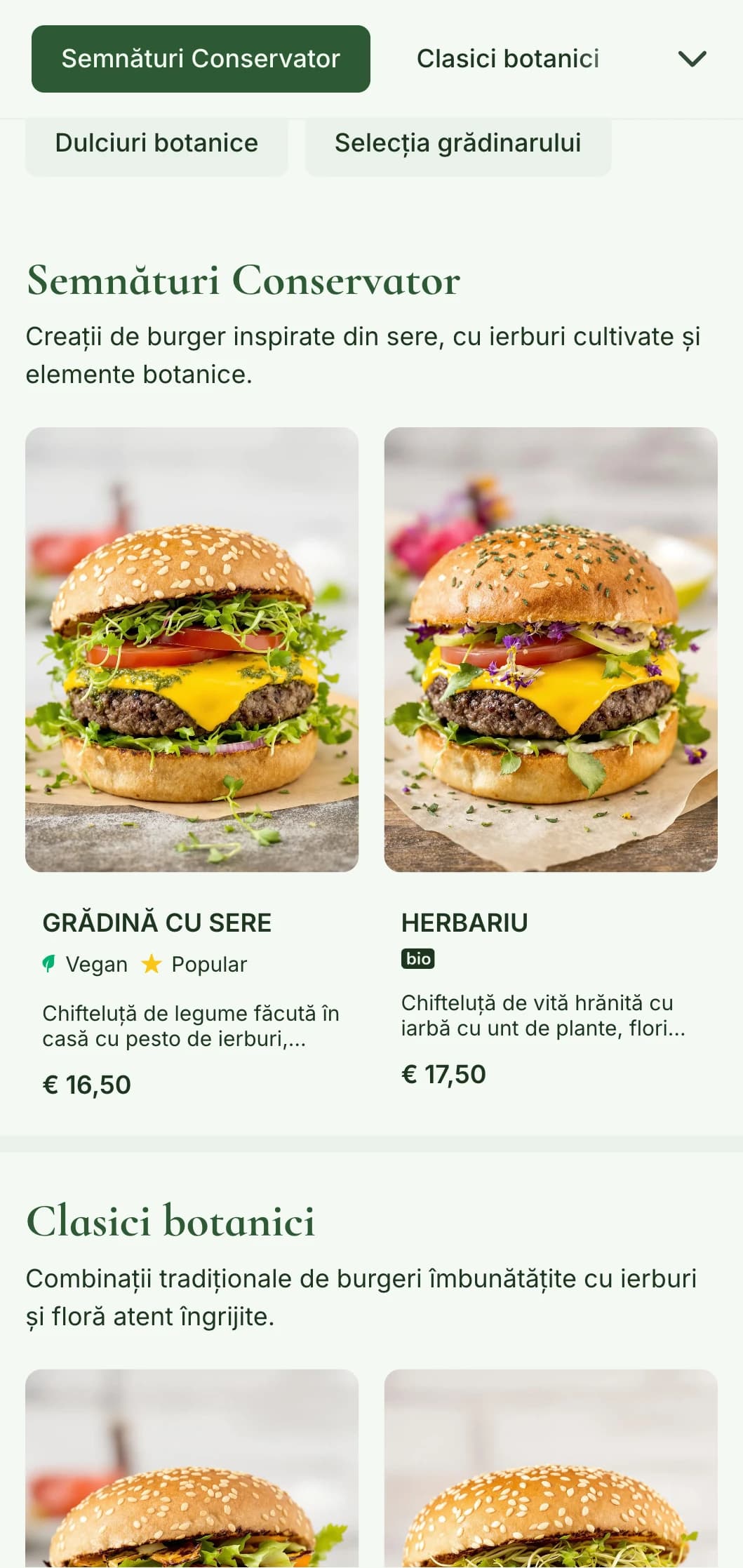 Grădină de burger axată pe plante, cu elemente de seră și ilustrații botanice.