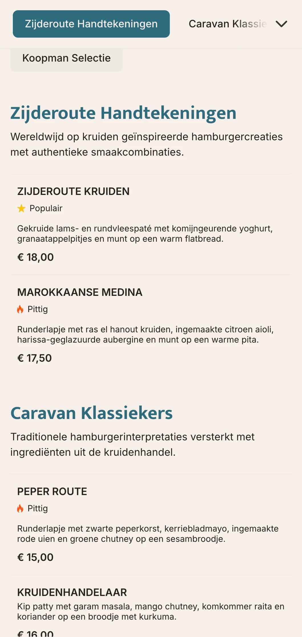 Op de kruidenhandel geïnspireerd hamburgermenu met wereldwijde smaakprofielen en historische verwijzingen.