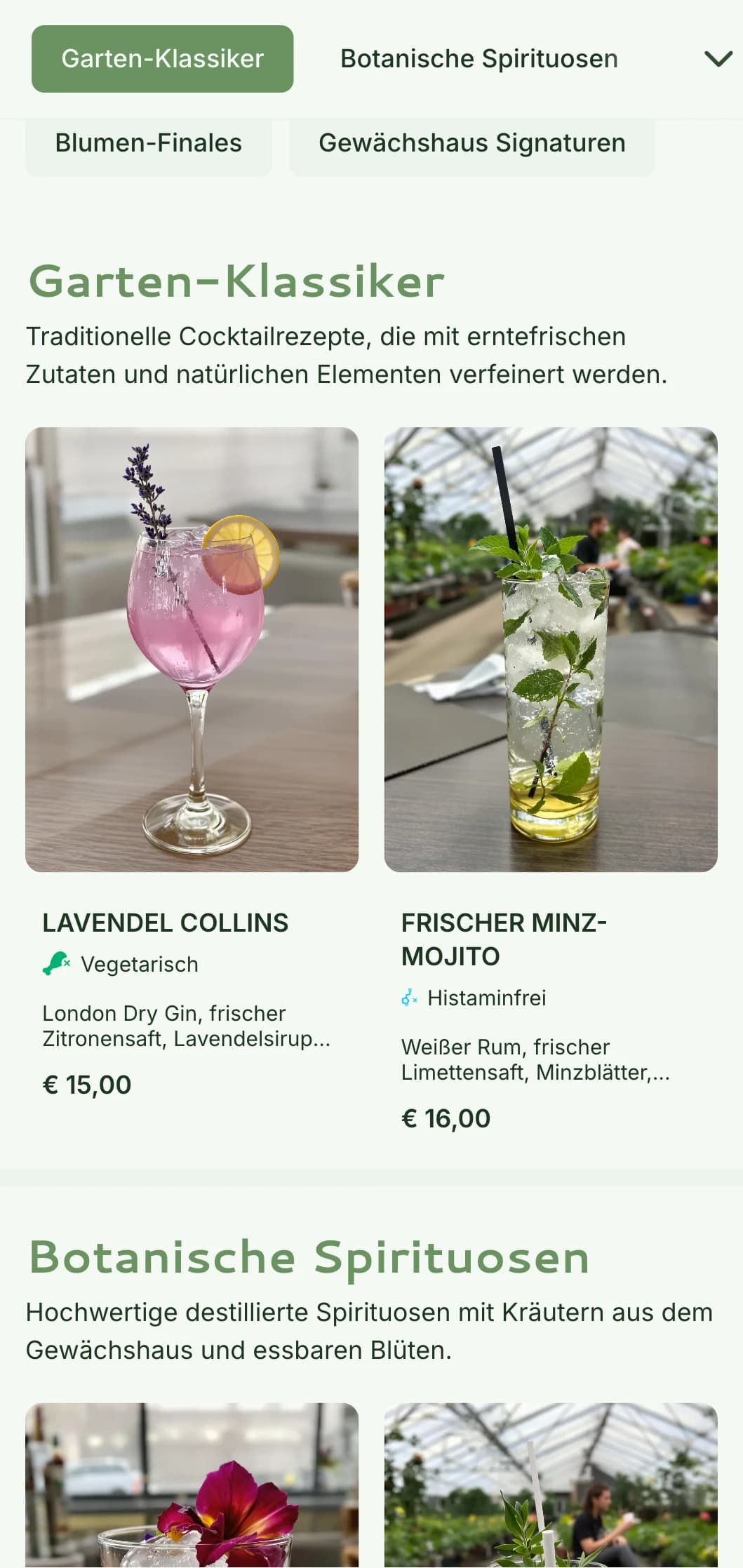 Ein frisches, konservatorisch inspiriertes Design für Gartenbars und botanische Lounges mit Grüntönen und luftiger Typografie.