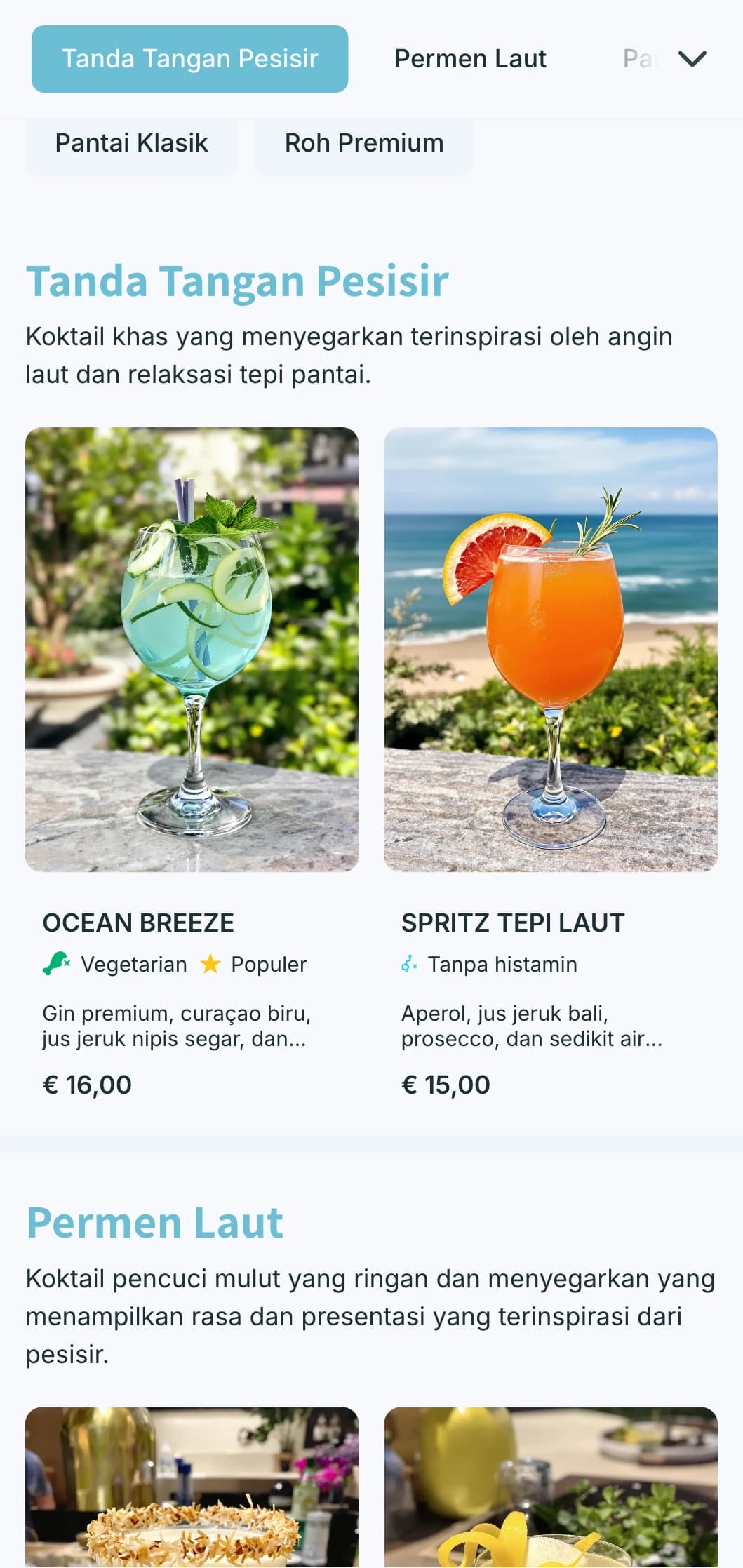 Desain segar yang terinspirasi dari pesisir untuk bar tepi laut dan klub pantai yang menampilkan warna biru muda dan tipografi yang lapang.