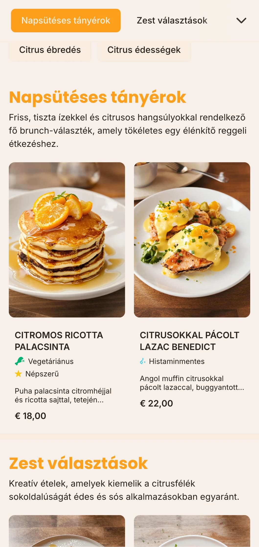 Világos, energikus brunch sablon, pikáns narancsos hangsúlyokkal, tökéletes gyümölcslé bárok és egészségközpontú kávézók számára.