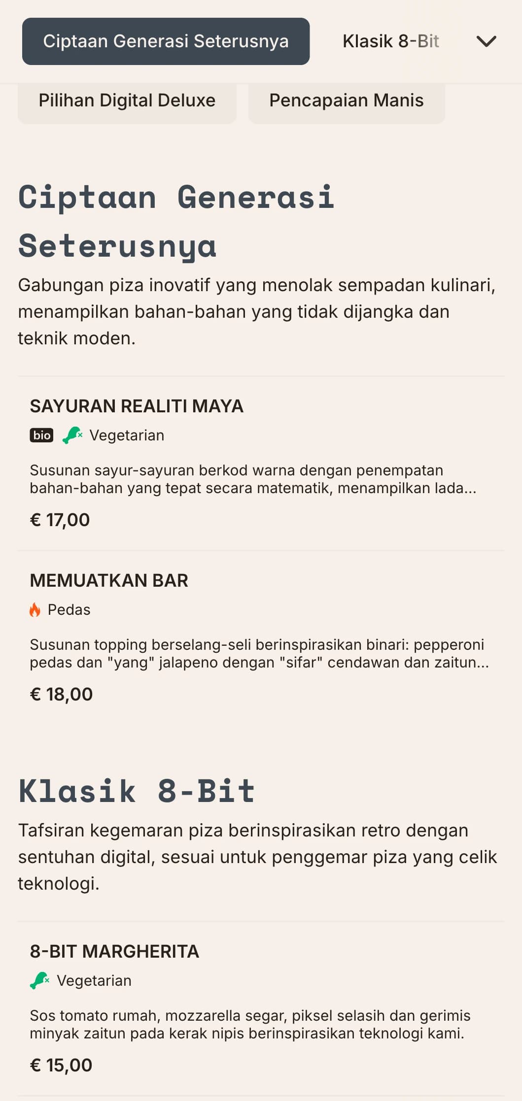 Menu piza moden yang diilhamkan oleh teknologi dengan estetika digital untuk konsep piza yang inovatif.