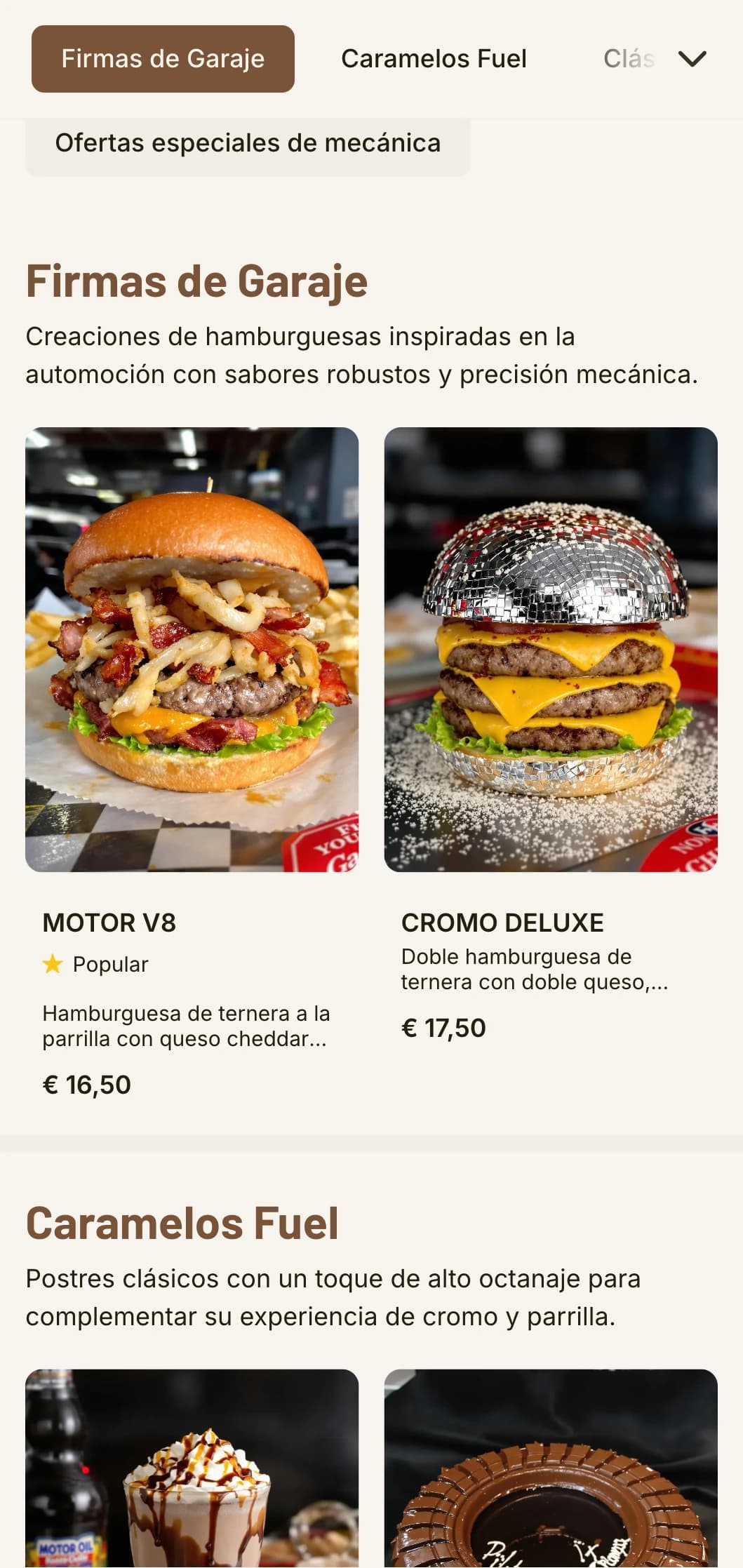 Garaje para hamburguesas inspirado en los coches clásicos, con elementos automovilísticos y nostalgia de los viajes por carretera vintage.
