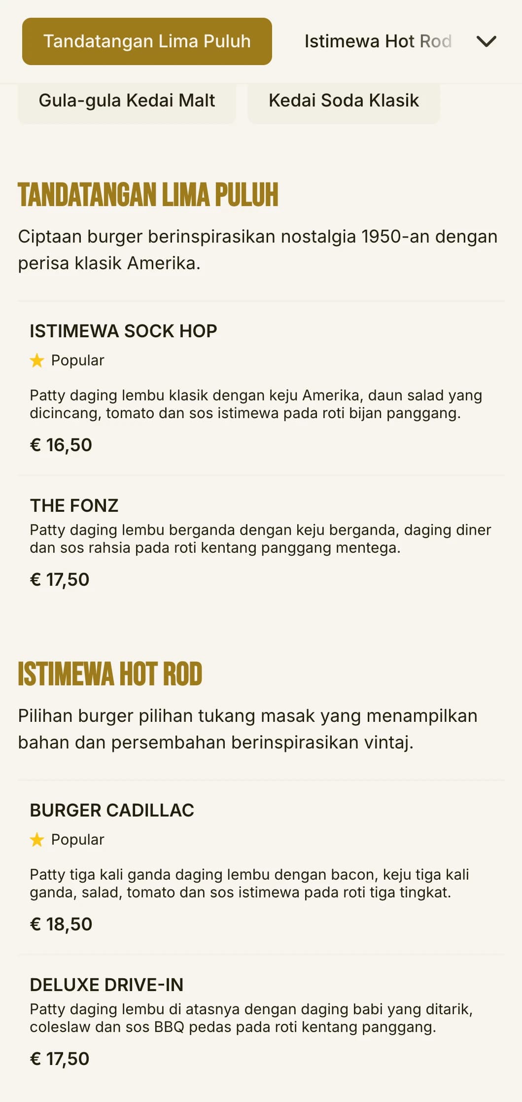 Kedai burger inspirasi tahun 1950-an dengan corak papan dam dan unsur kedai soda nostalgia.