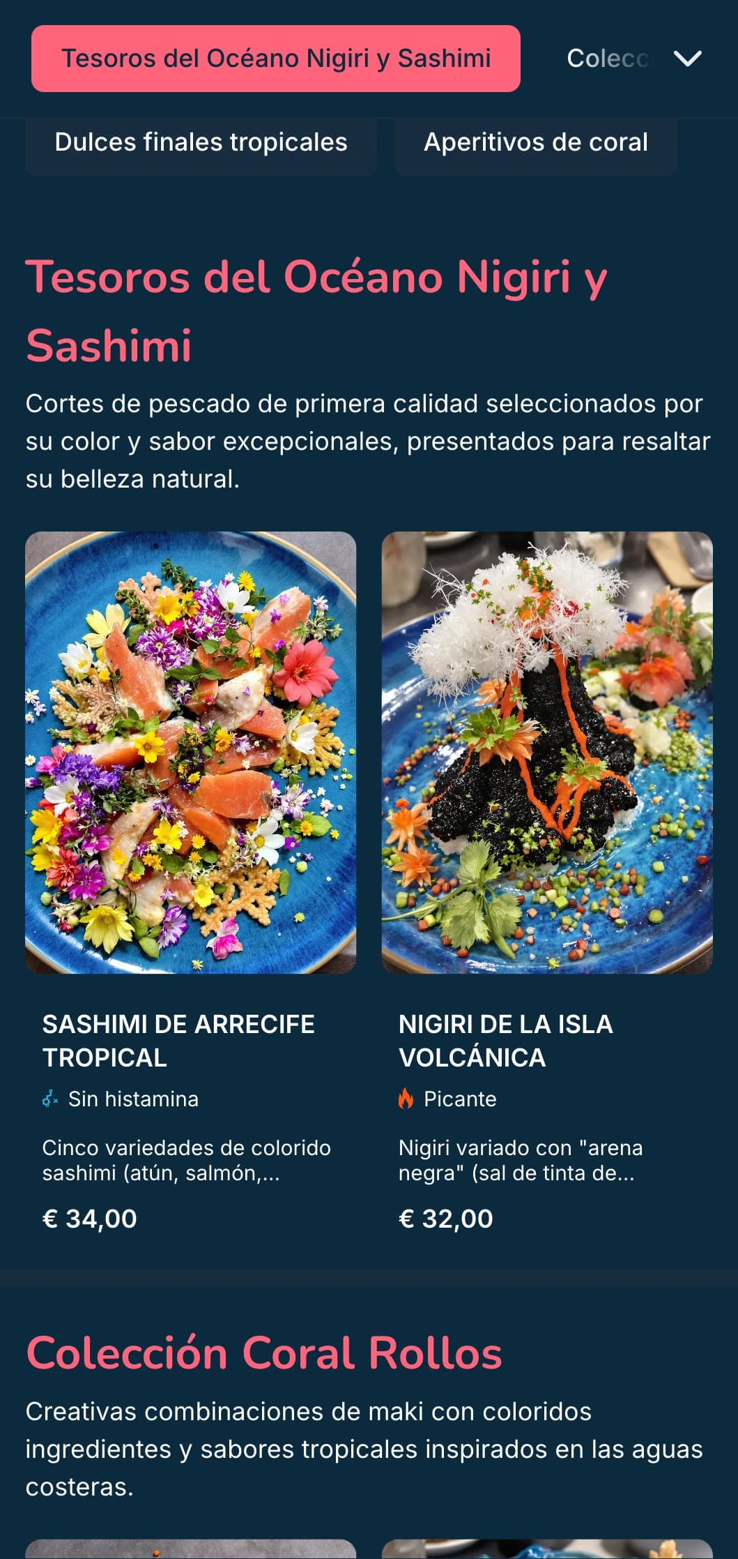 Vibrante menú de sushi inspirado en el océano, con acentos rosa coral sobre fondos azul oscuro, perfecto para los especialistas en marisco.
