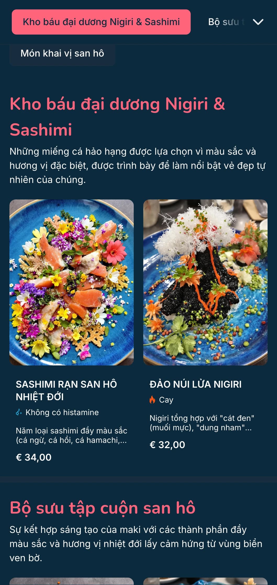 Thực đơn sushi sống động lấy cảm hứng từ đại dương với điểm nhấn màu hồng san hô trên nền xanh đậm, hoàn hảo cho những chuyên gia về hải sản.