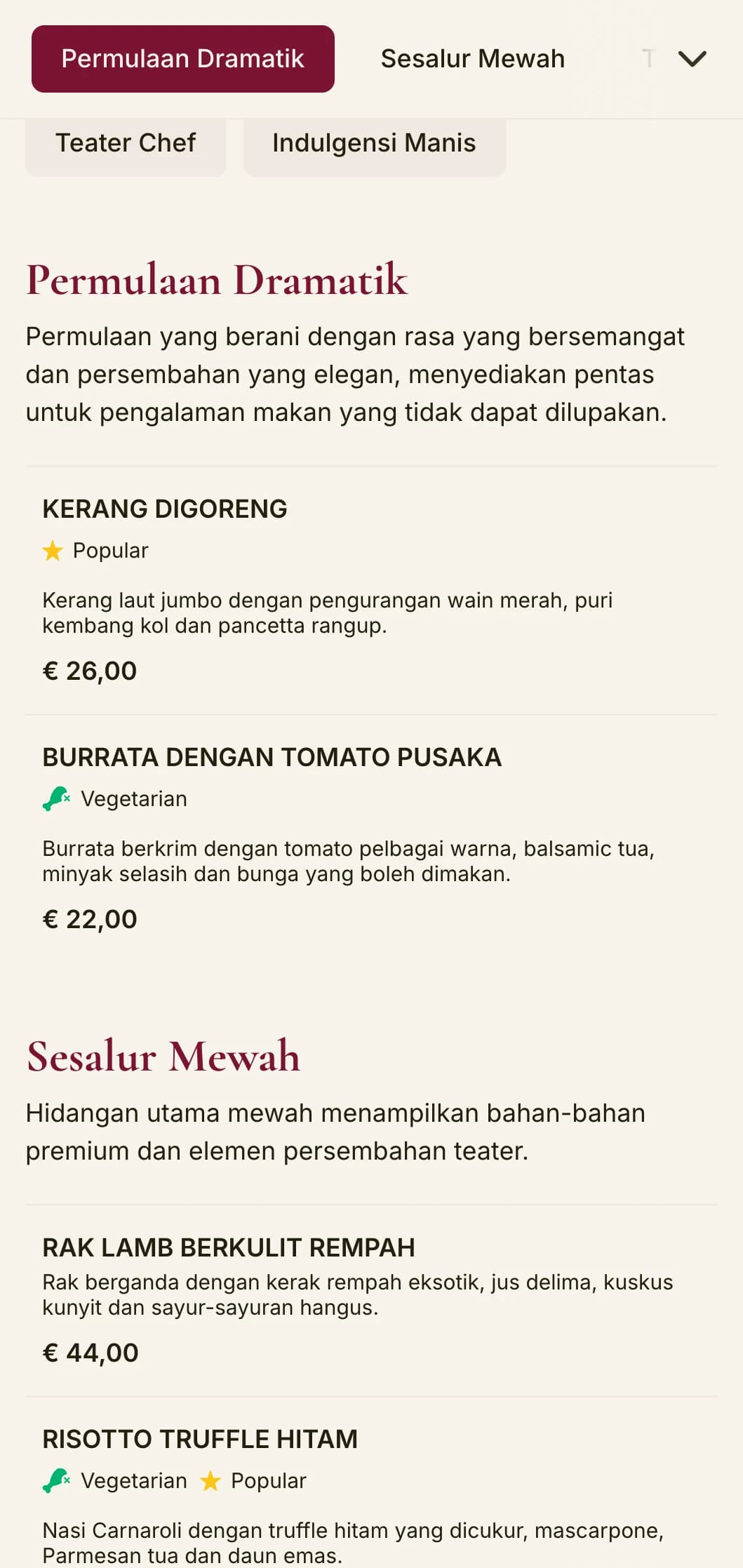 Menu makan malam yang berani dan dramatik yang menampilkan rona merah pekat dan elemen mewah, direka untuk tempat makan kelas atas dengan bakat teater.