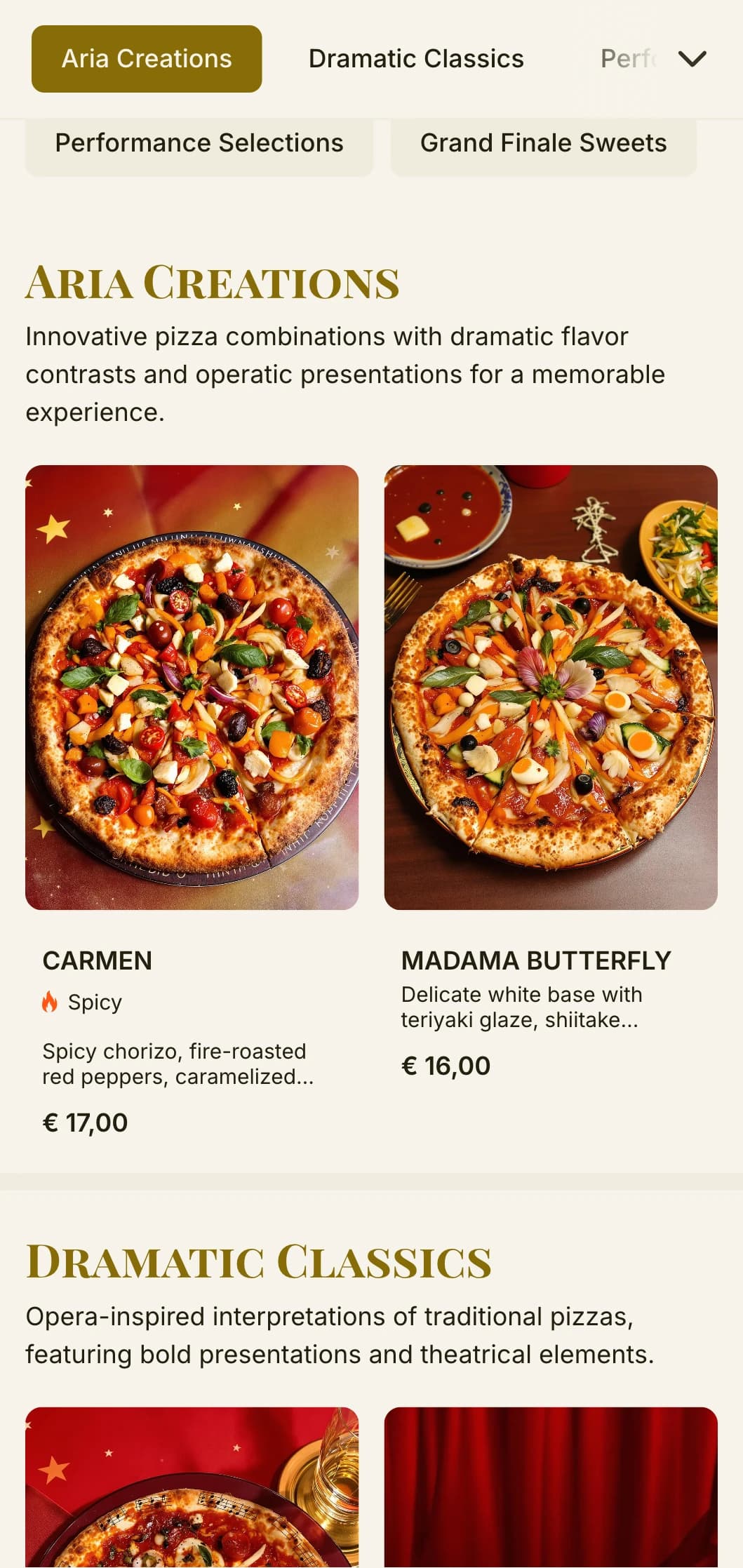 Theatrical pizza menu inspired by Italian opera with dramatic visual hierarchy.