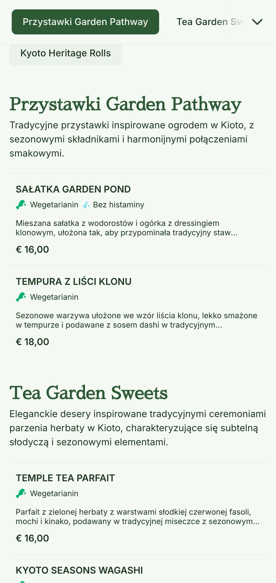 Tradycyjne menu sushi inspirowane japońskim ogrodem, w spokojnych odcieniach zieleni i z klasycznymi elementami.