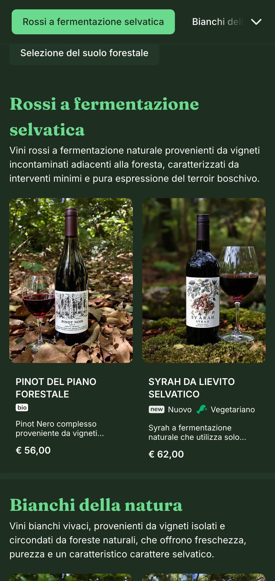 Modello di carta dei vini scura ispirata alla natura, con accenti di verde vibrante su sfondi di foresta, perfetto per i ristoranti nei boschi e le enoteche rustiche.
