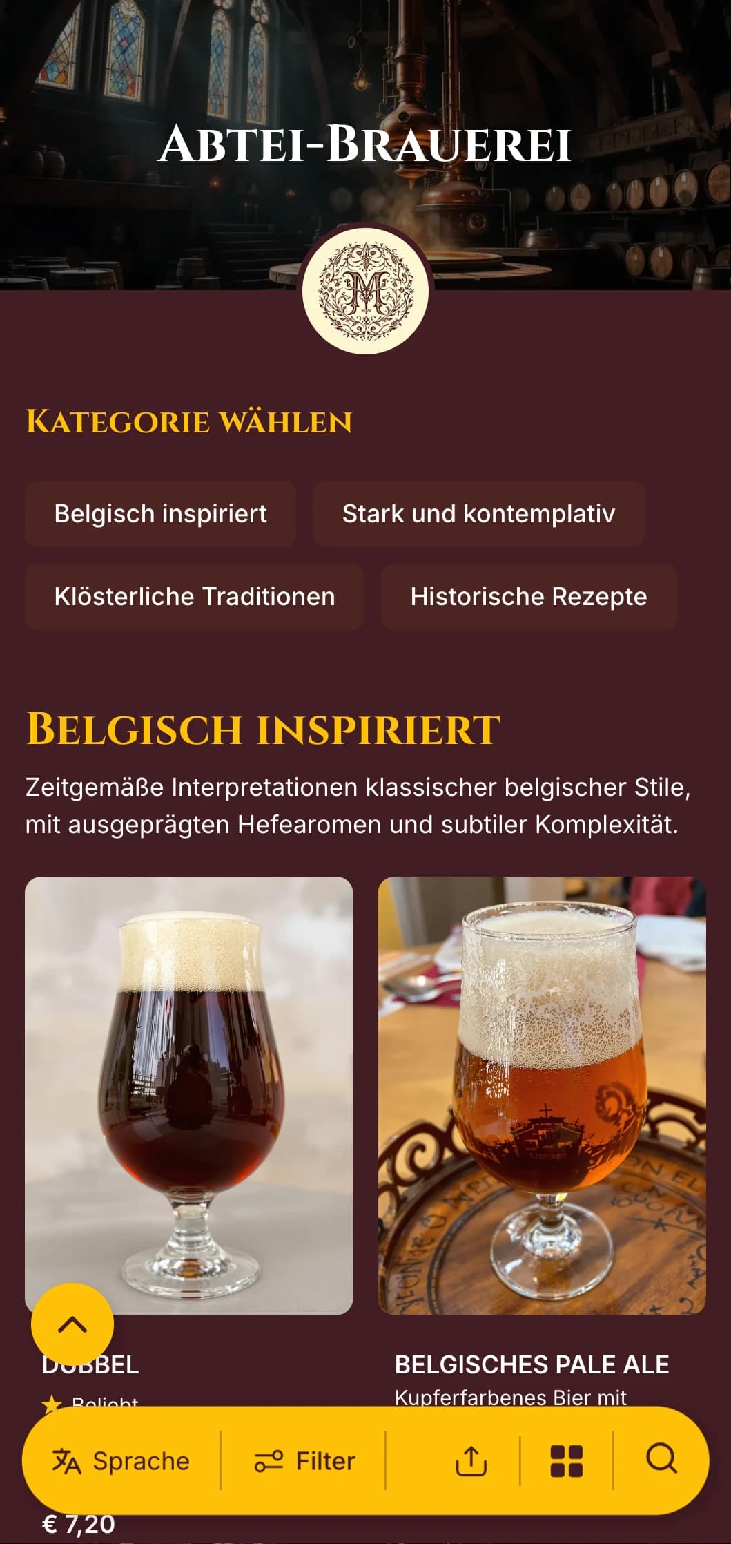 Elegantes und historisches Design, inspiriert von klösterlicher Brautradition, mit satten Burgundertönen und klassischer Typografie.