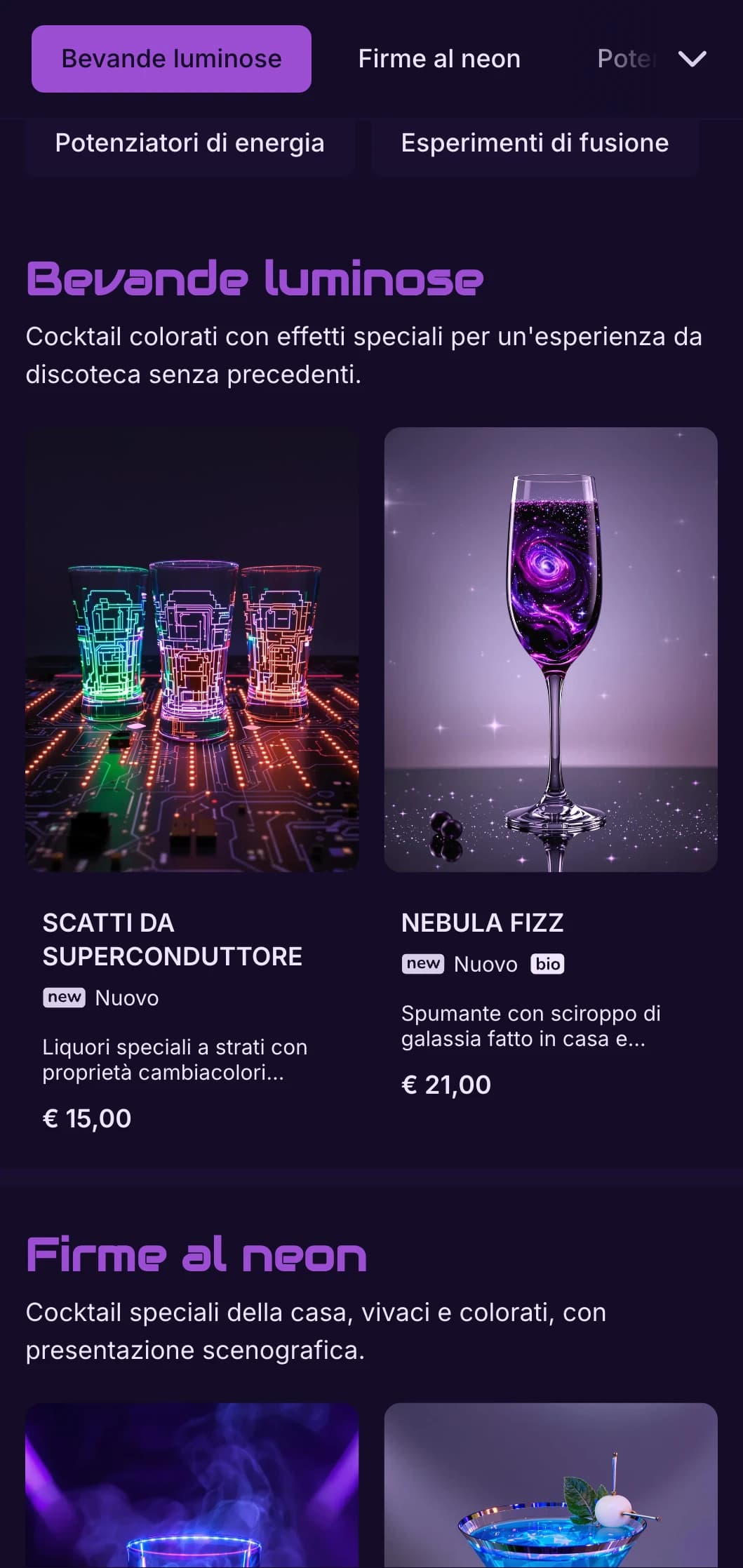 Design viola e nero ad alto contrasto con elementi al neon per cocktail bar contemporanei.