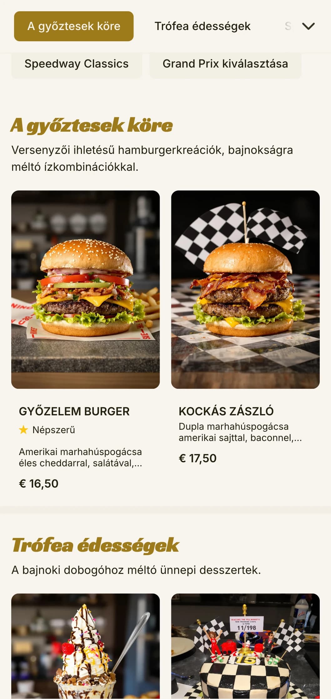 Versenyzés ihlette hamburgerező motorsport elemekkel és győzelmi sáv hangulatával.
