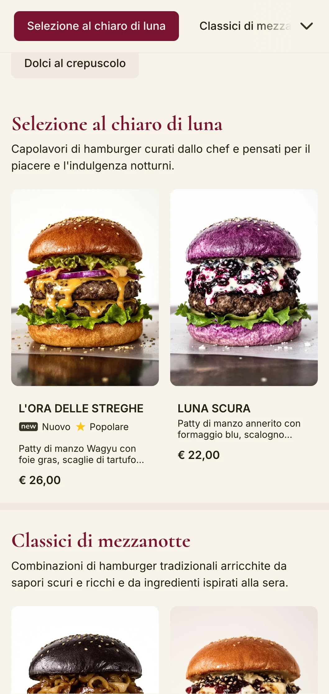 Lounge per hamburger premium a tarda notte, con velluto scuro e atmosfera misteriosa.