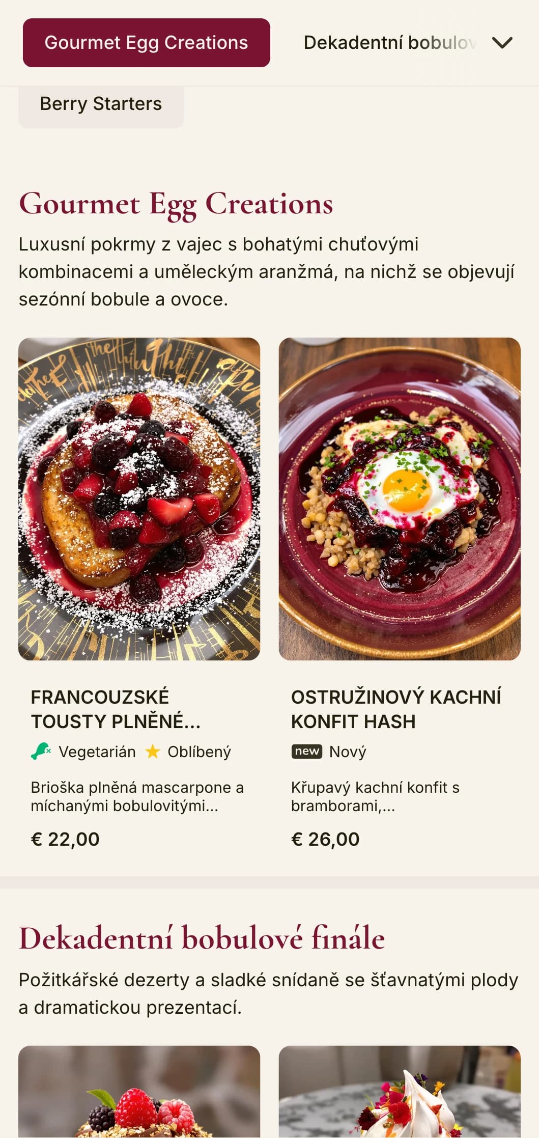 Živá šablona pro brunch s bohatými tóny bobulí a elegantní typografií, určená pro kavárny s charakteristickými ovocnými pokrmy.