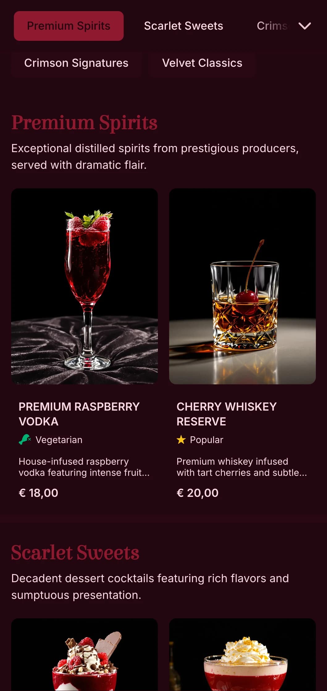 A luxurious, theater-inspired design for upscale cocktail lounges featuring rich crimson tones and dramatic typography.