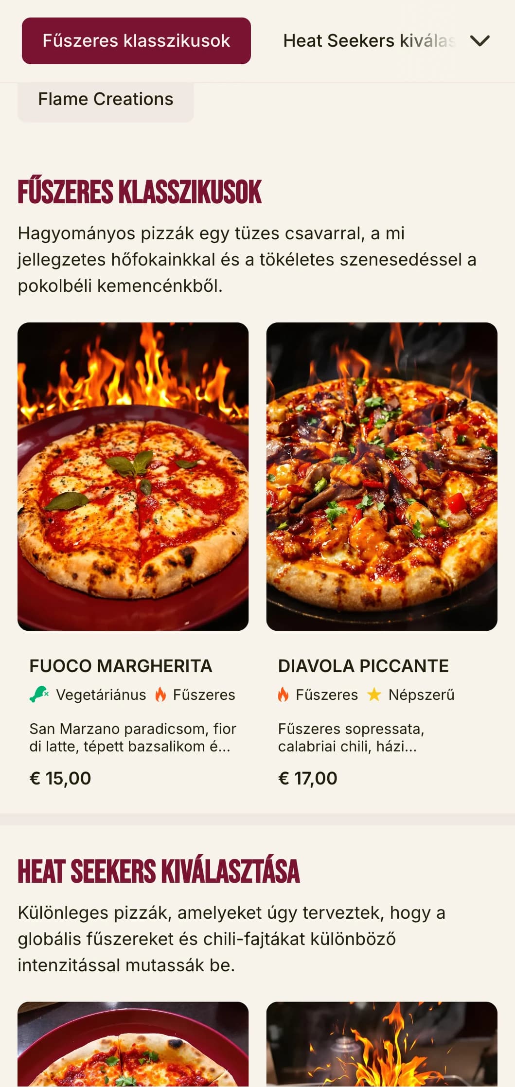 Energikus pizzamenü merész tipográfiával és élénk színekkel a fűszeres pizzák specialistáinak.