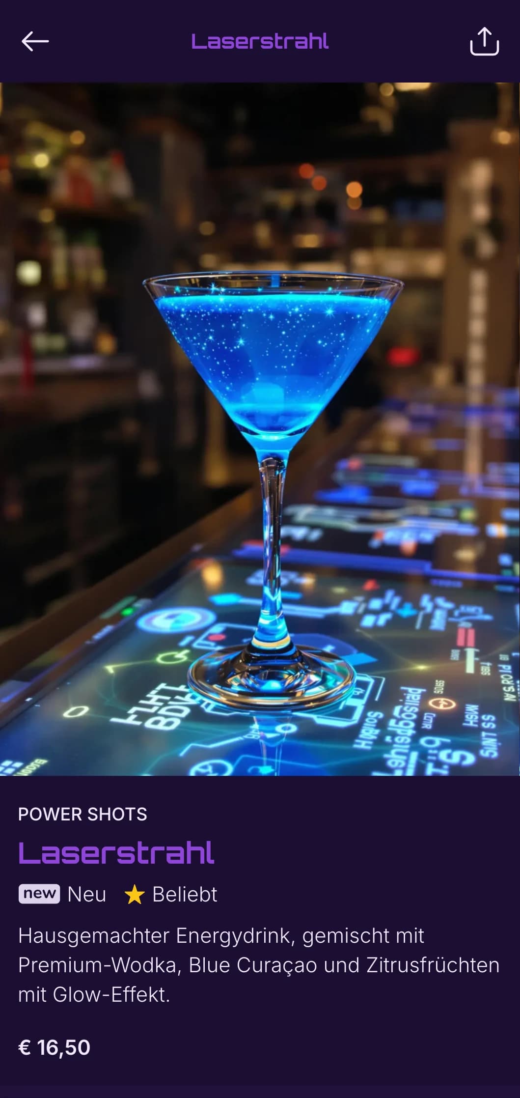 Energiegeladenes lila-schwarzes Design mit elektrischen Motiven für Nachtclub-Bars.