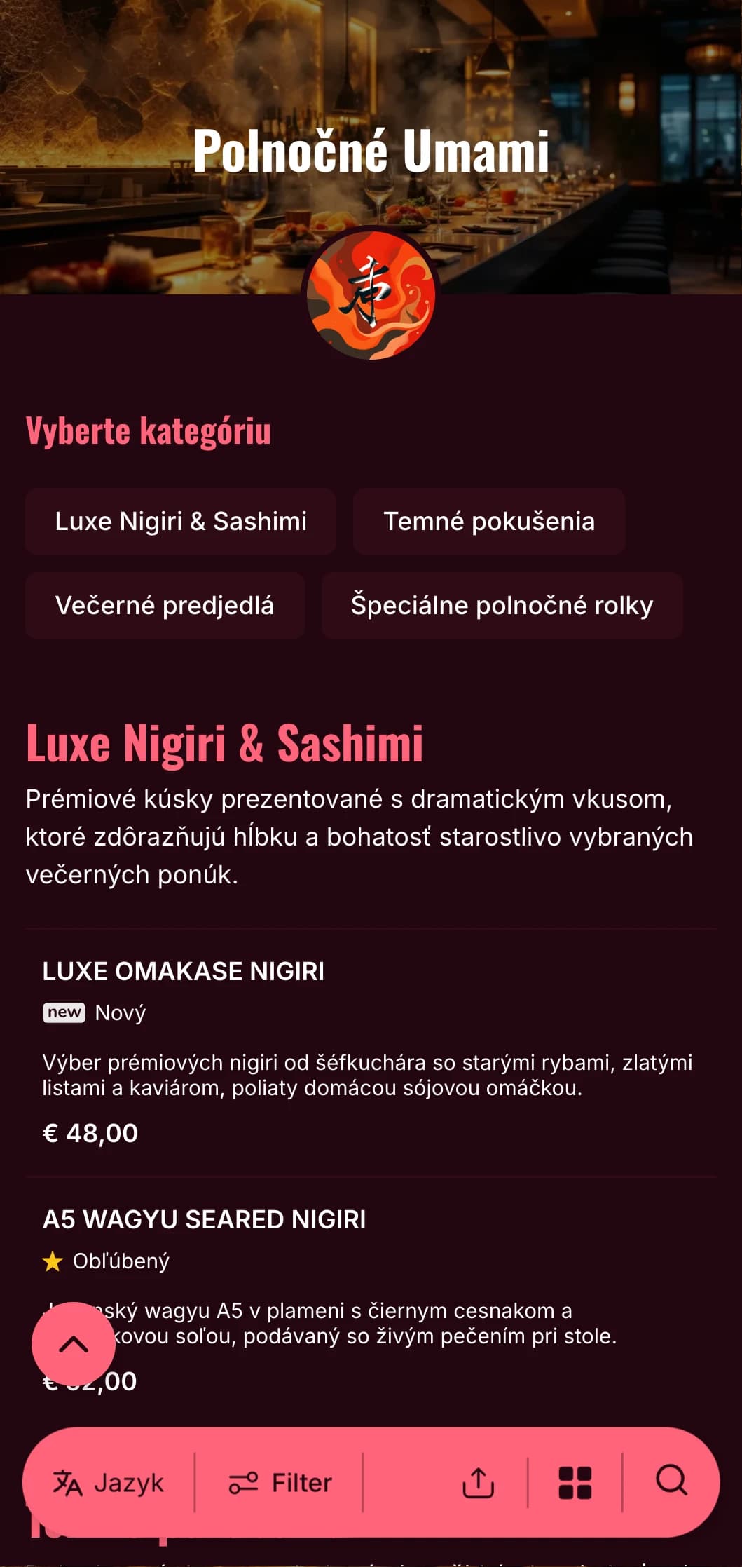 Luxusný zážitok z nočného sushi s odvážnymi kontrastmi s bohatou bordovou farbou a svetlými akcentmi na hlbokom pozadí.