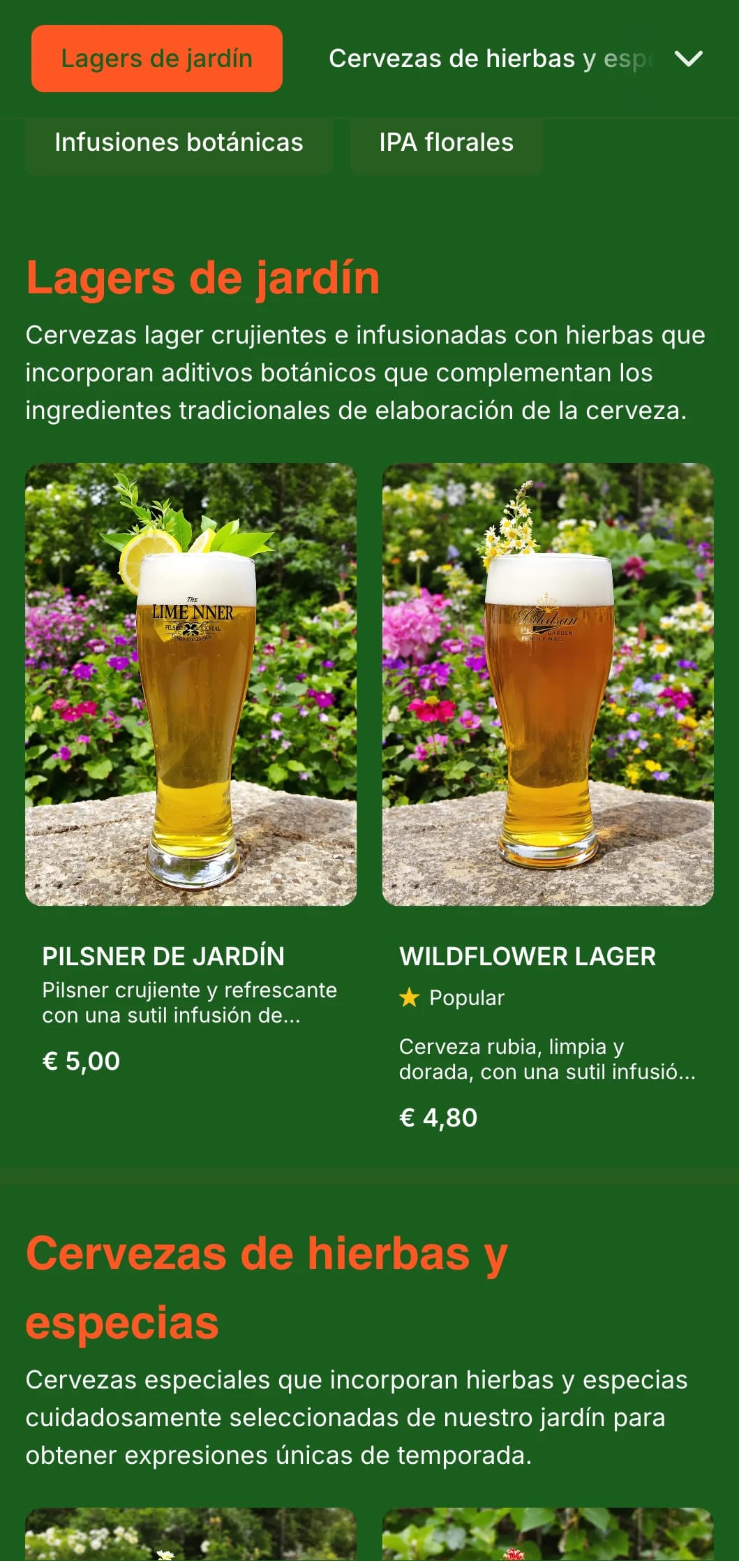 Diseño fresco y de inspiración botánica con exuberantes tonos verdes y elementos vegetales, ideal para cervecerías de jardín y jardines cerveceros.