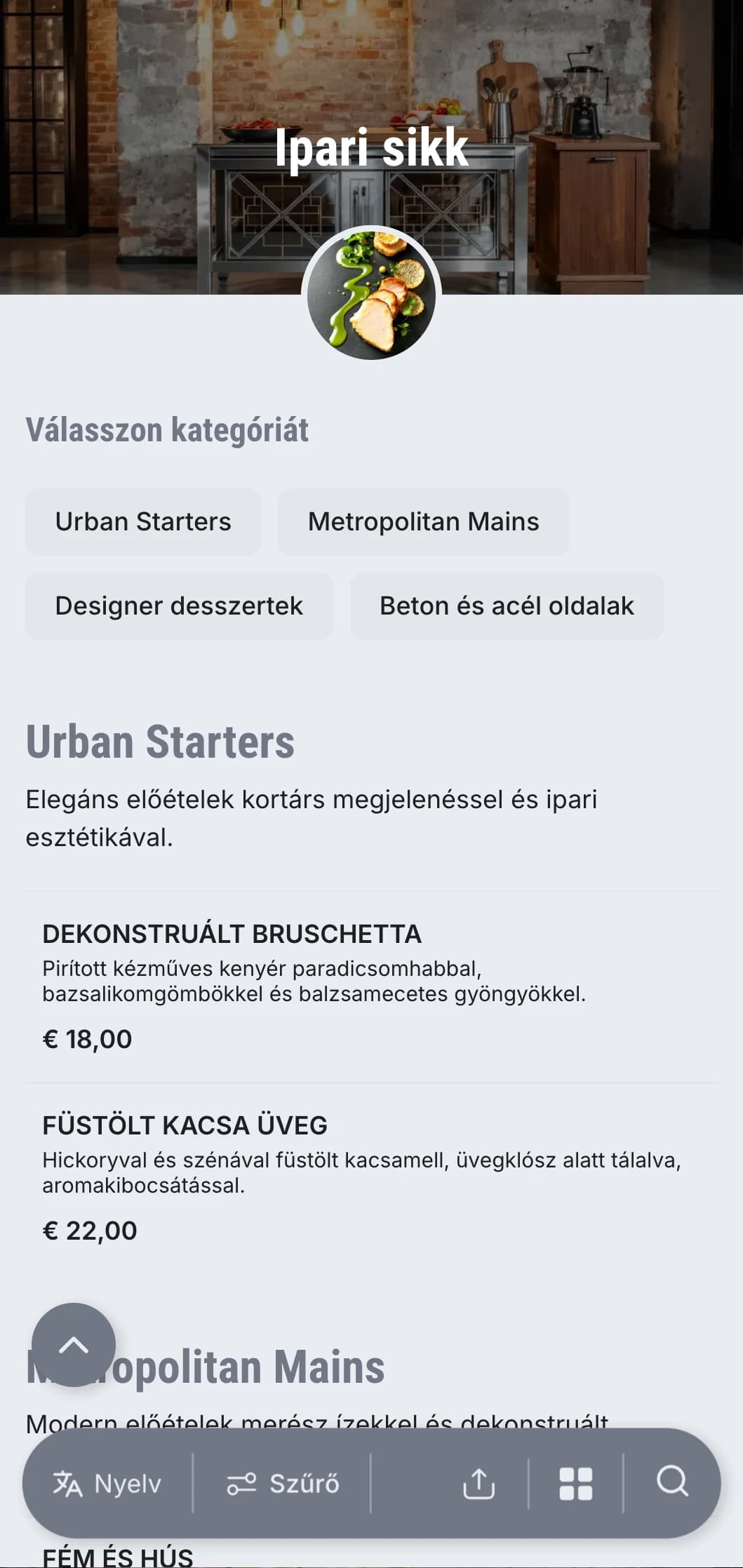 Nyers, élénk catering bemutató modern, városi esztétikával, fémes elemekkel és beton textúrákkal raktárrendezvényekhez és galériamegnyitókhoz.