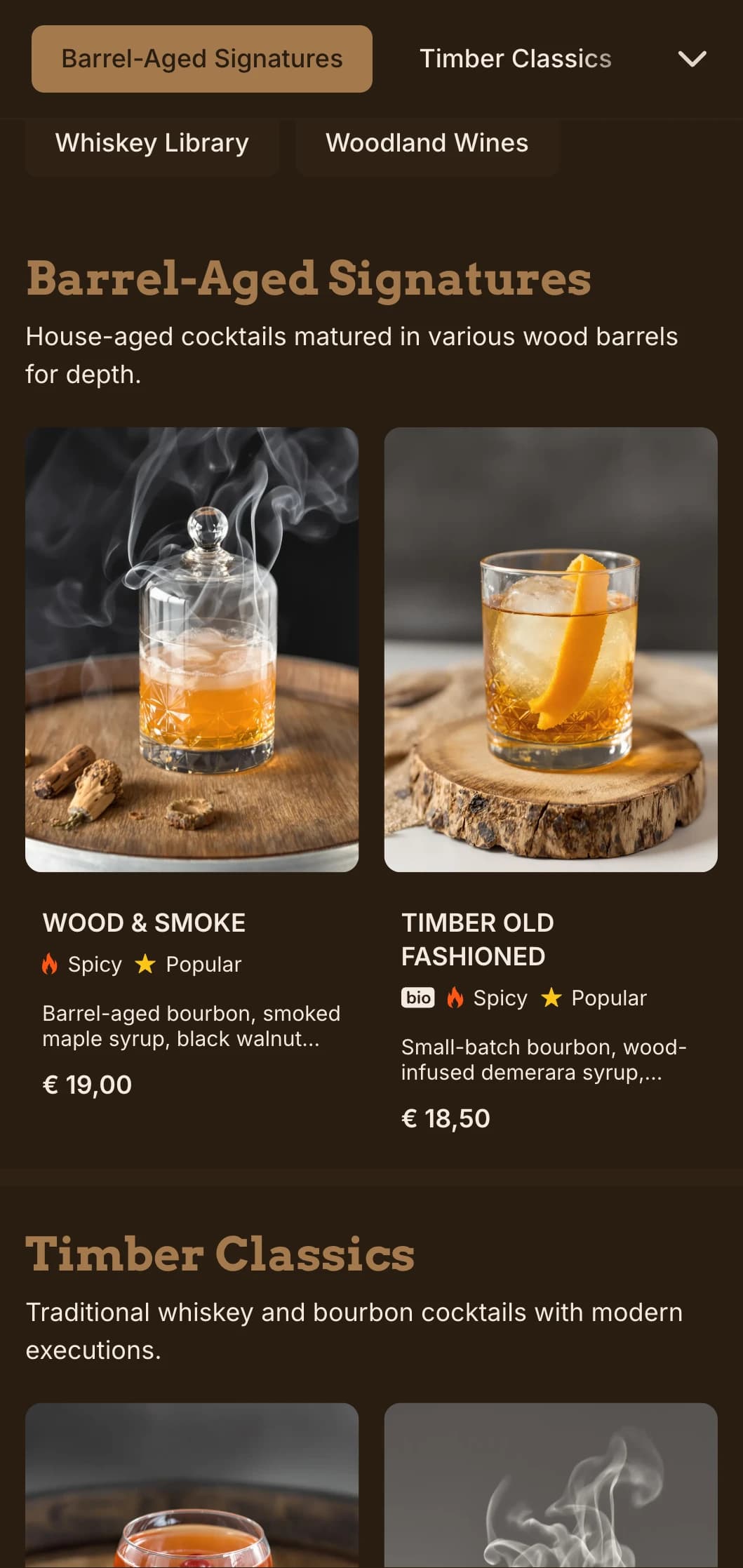 Rich wood-inspired design highlighting barrel-aged cocktails and whiskey.