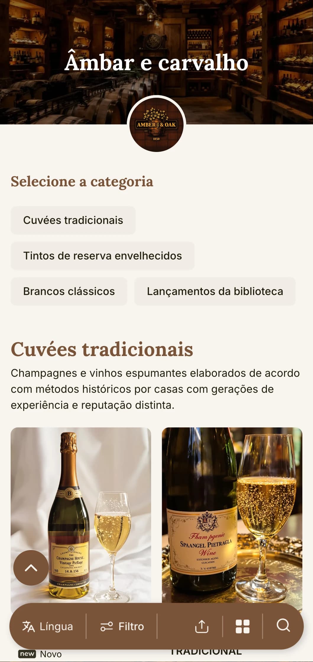 Modelo de carta de vinhos calorosamente tradicional com toques de âmbar e carvalho, perfeito para vinícolas estabelecidas e restaurantes tradicionais com programas de adega.