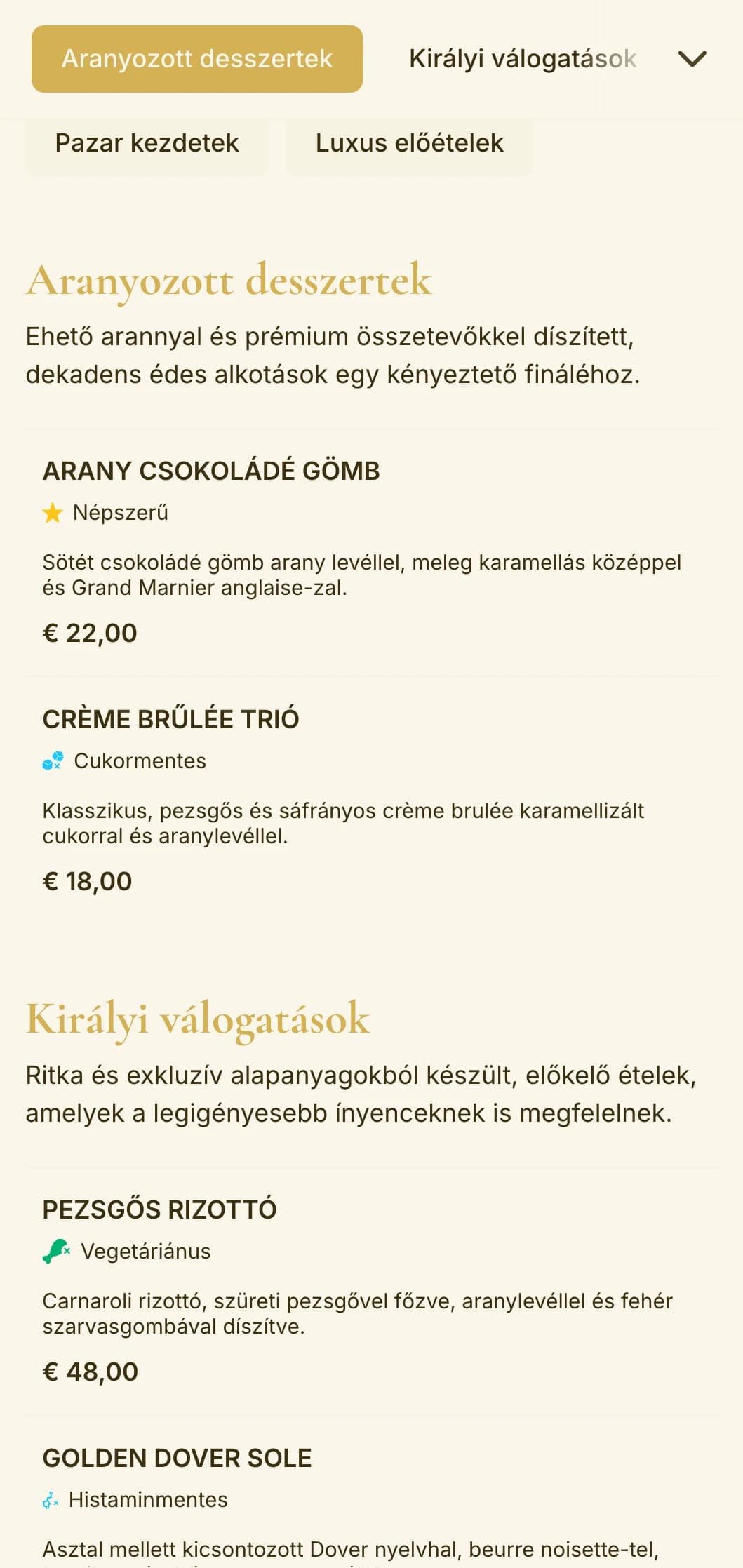 Pazar, arany témájú, luxust és exkluzivitást sugárzó dizájn, amely tökéletesen megfelel a felső kategóriás létesítményeknek és a különleges alkalmakra szánt étkezéseknek.
