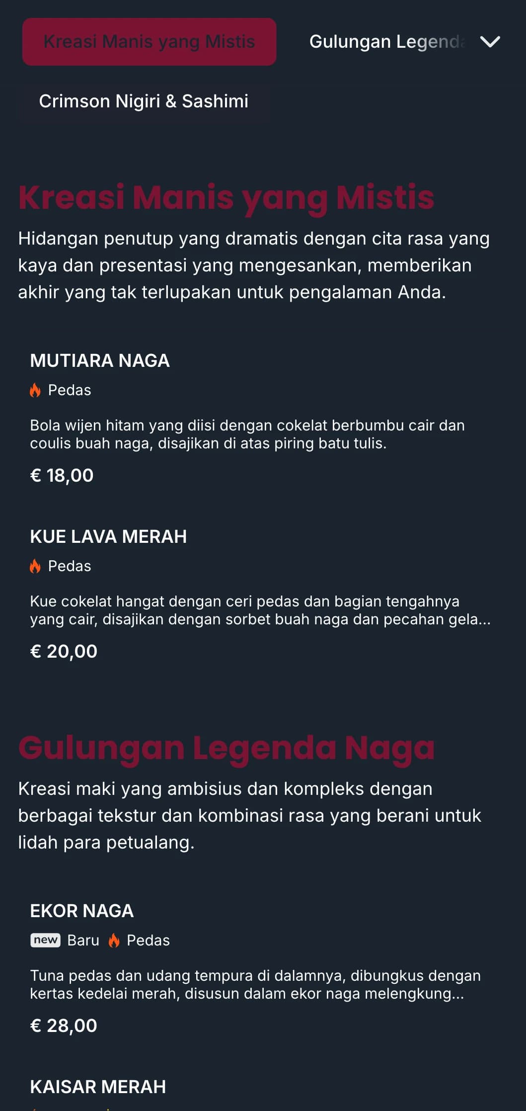 Menu sushi yang berani dan dramatis dengan warna merah yang kaya terinspirasi dari mitologi naga tradisional Jepang.