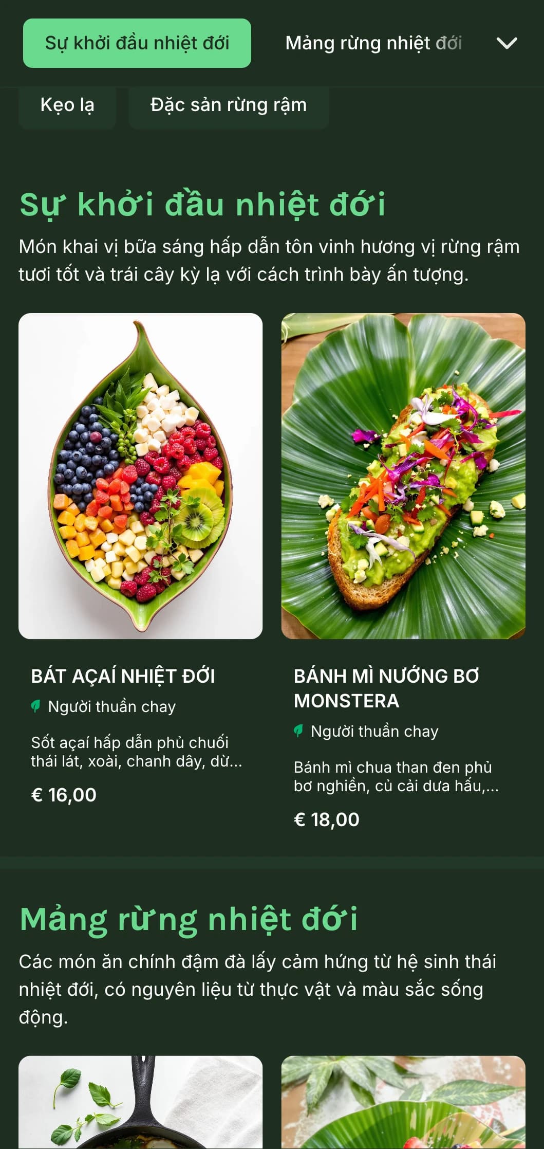 Mẫu màu xanh lá cây rực rỡ với các yếu tố nhiệt đới, hoàn hảo cho các quán cà phê thuần chay và các dịch vụ ăn sáng muộn độc đáo.