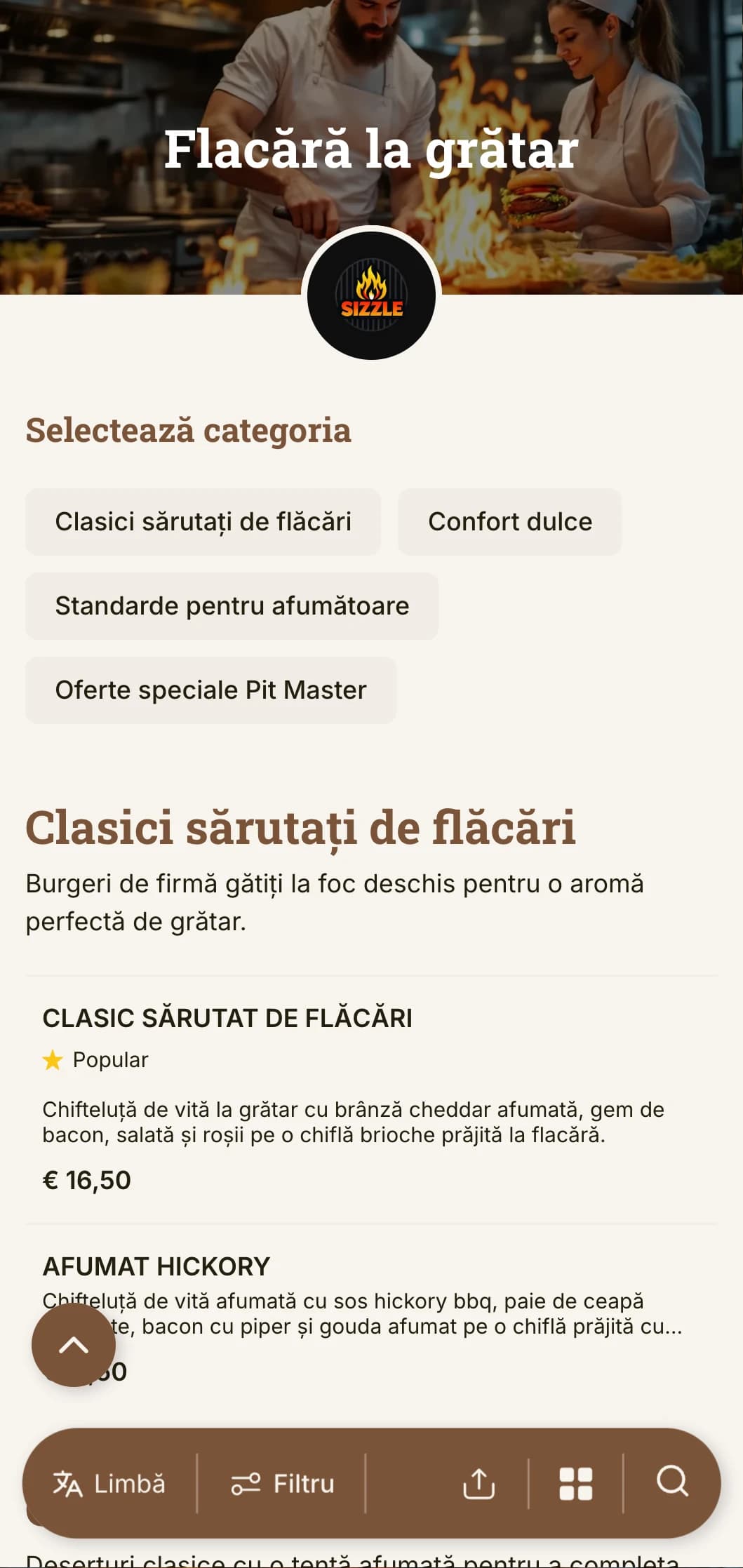 Design îndrăzneț axat pe grătar, cu tonuri calde de lemn și accente de flacără pentru experiența autentică a burgerului la grătar.