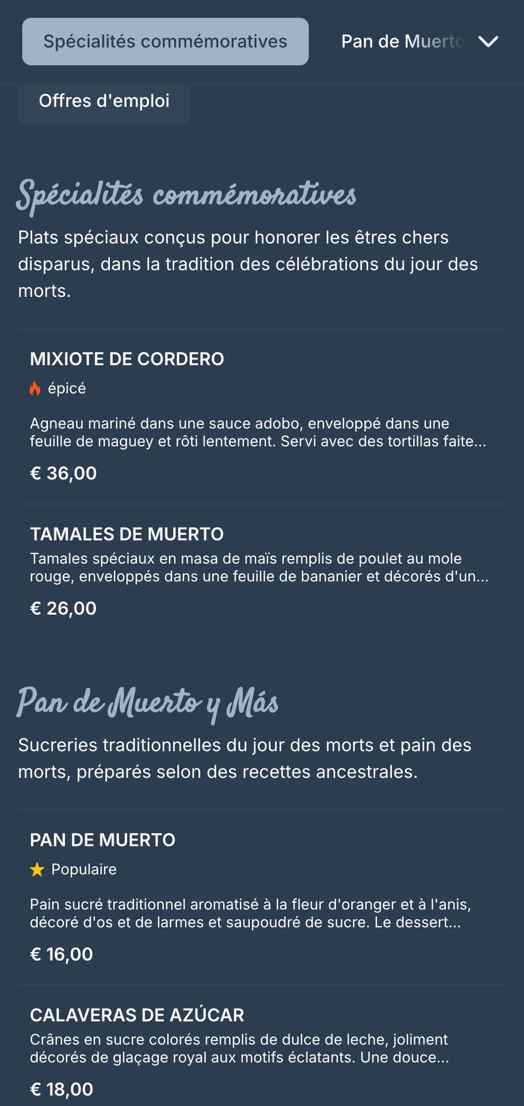 Menu artistique et festif sur le thème du Jour des Morts, avec de riches tons bleu-gris, des motifs de crânes en sucre et des offres saisonnières spéciales.
