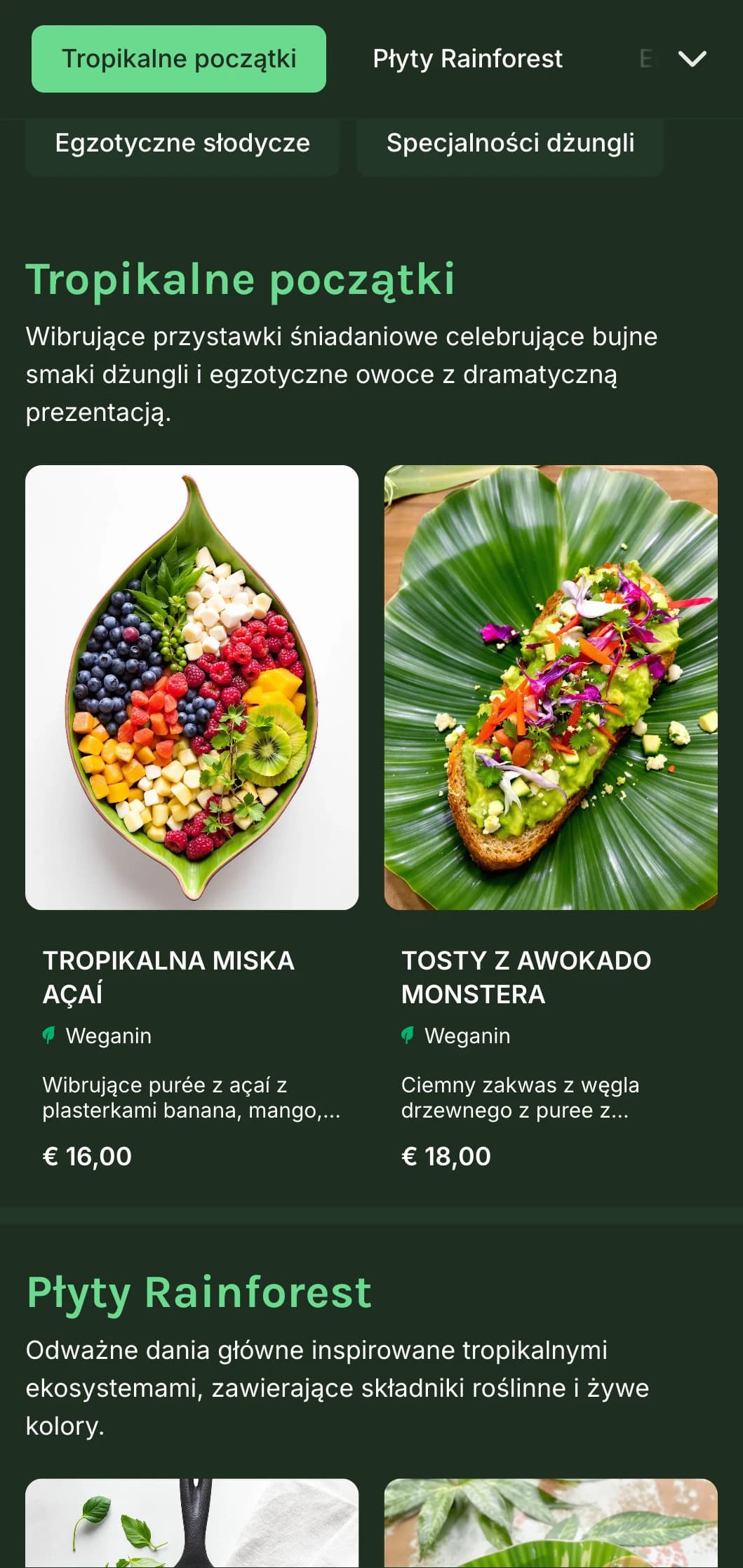 Żywy zielony szablon z elementami tropikalnymi, idealny do kawiarni roślinnych i egzotycznych ofert brunchowych.