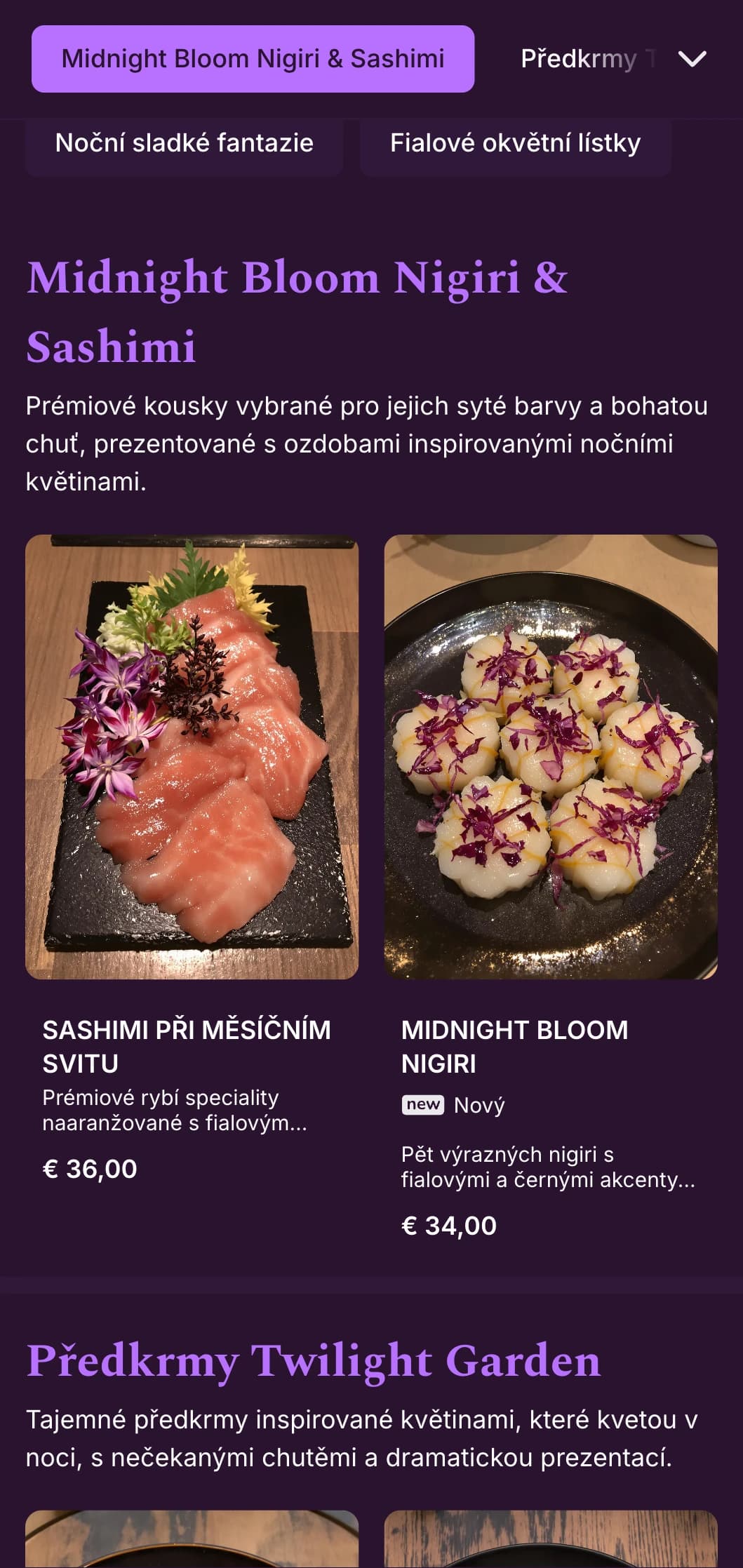 Luxusní večerní sushi s tmavě fialovými akcenty a dramatickými květinovými prvky.